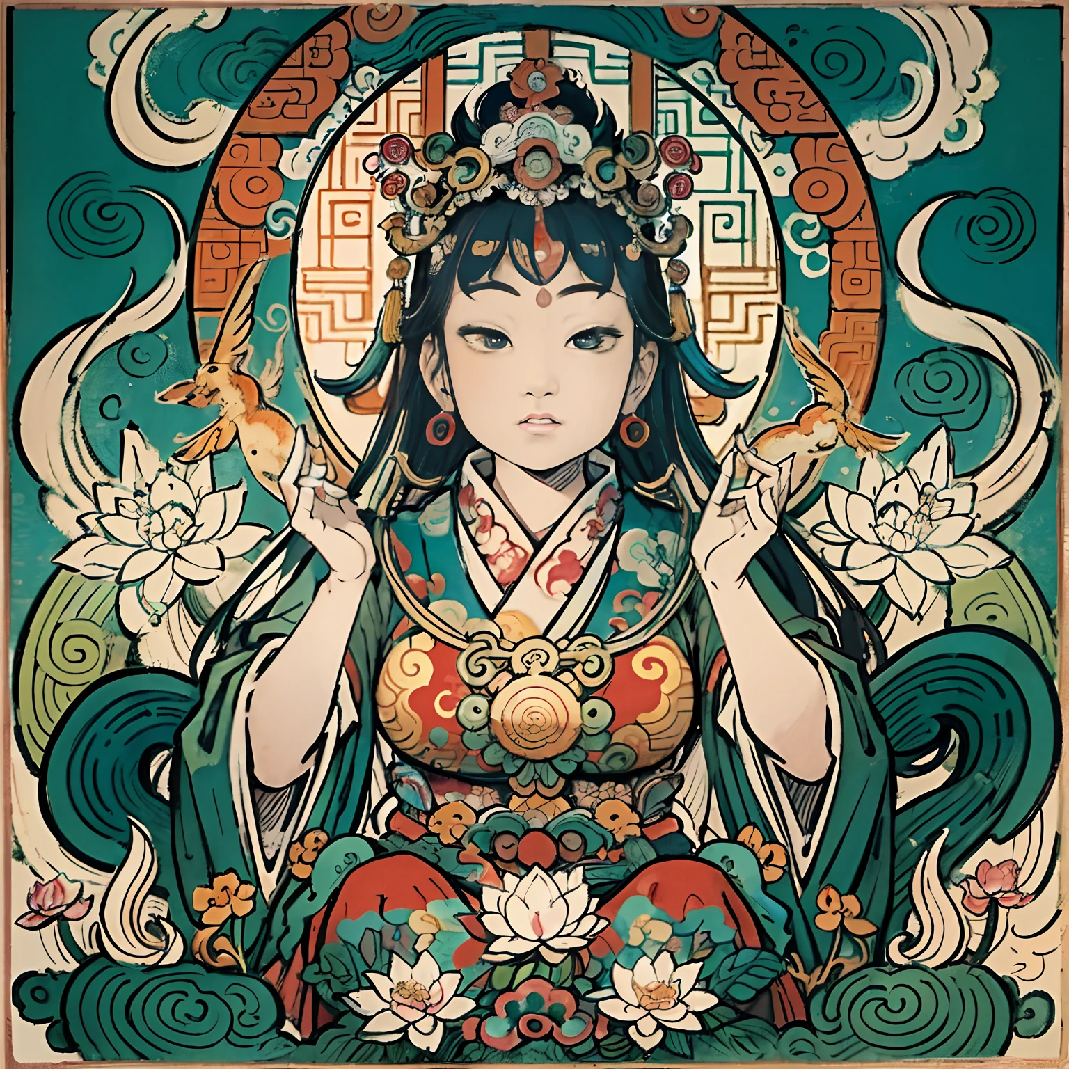 an ancient Chinese goddess, guanyin of the southern seas, Guanyin, Inspired by India, Avalokiteshvara rides a phoenix，,Serene expression,shui mo hua,Buddha,Buddhist,Lotus,Chinese painting style,Thangka style