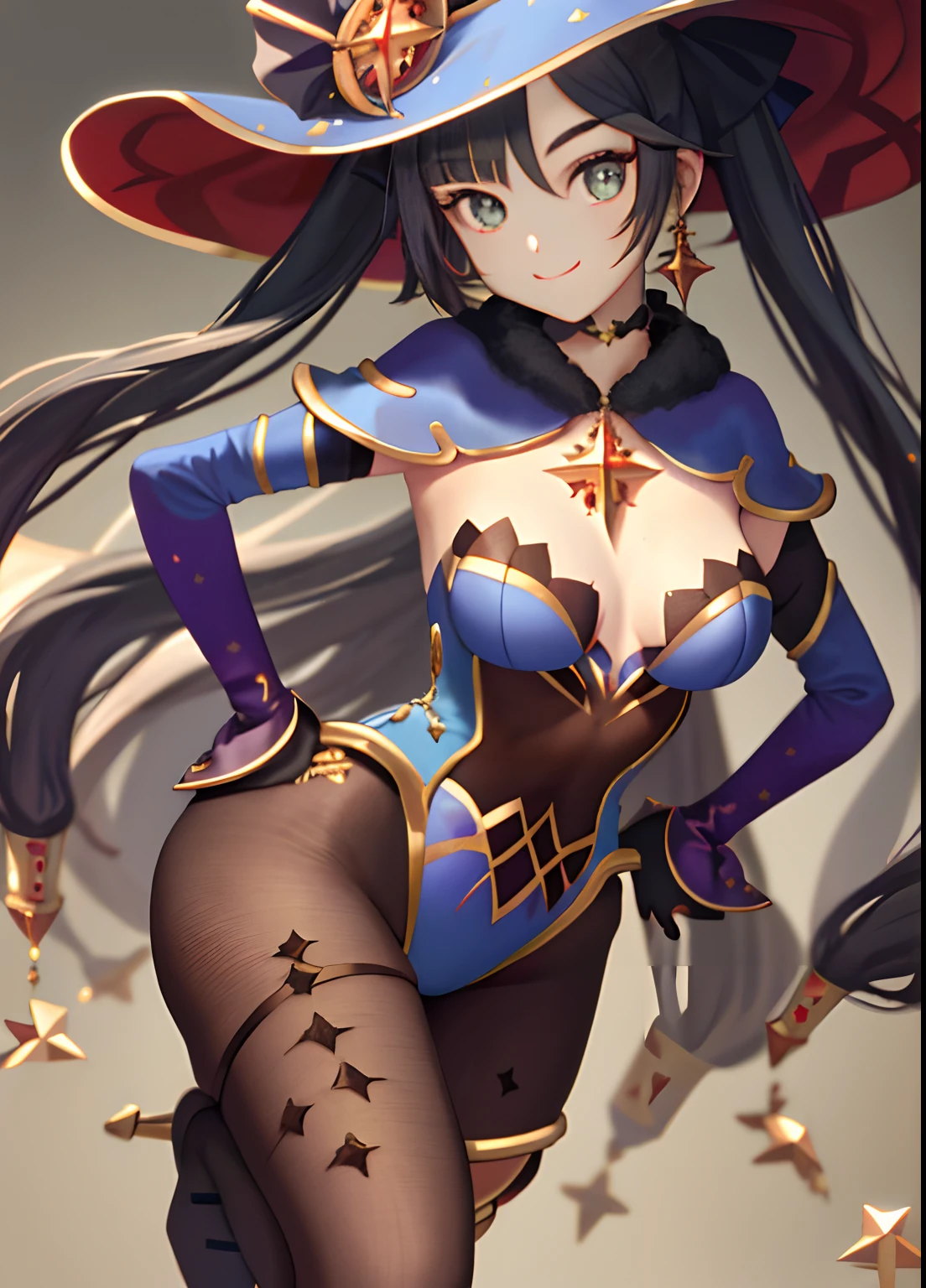 Mona, (Smaller breasts), nedium breasts, Masterpiece, Best quality, Ultra-detailed, Beautiful lighting, bangs,  (Stand with one foot in front of the other，both hands on hip), (angle of view:1.1), (Smile:0.9),a sexy pose，hip is cocked，gigantic ass