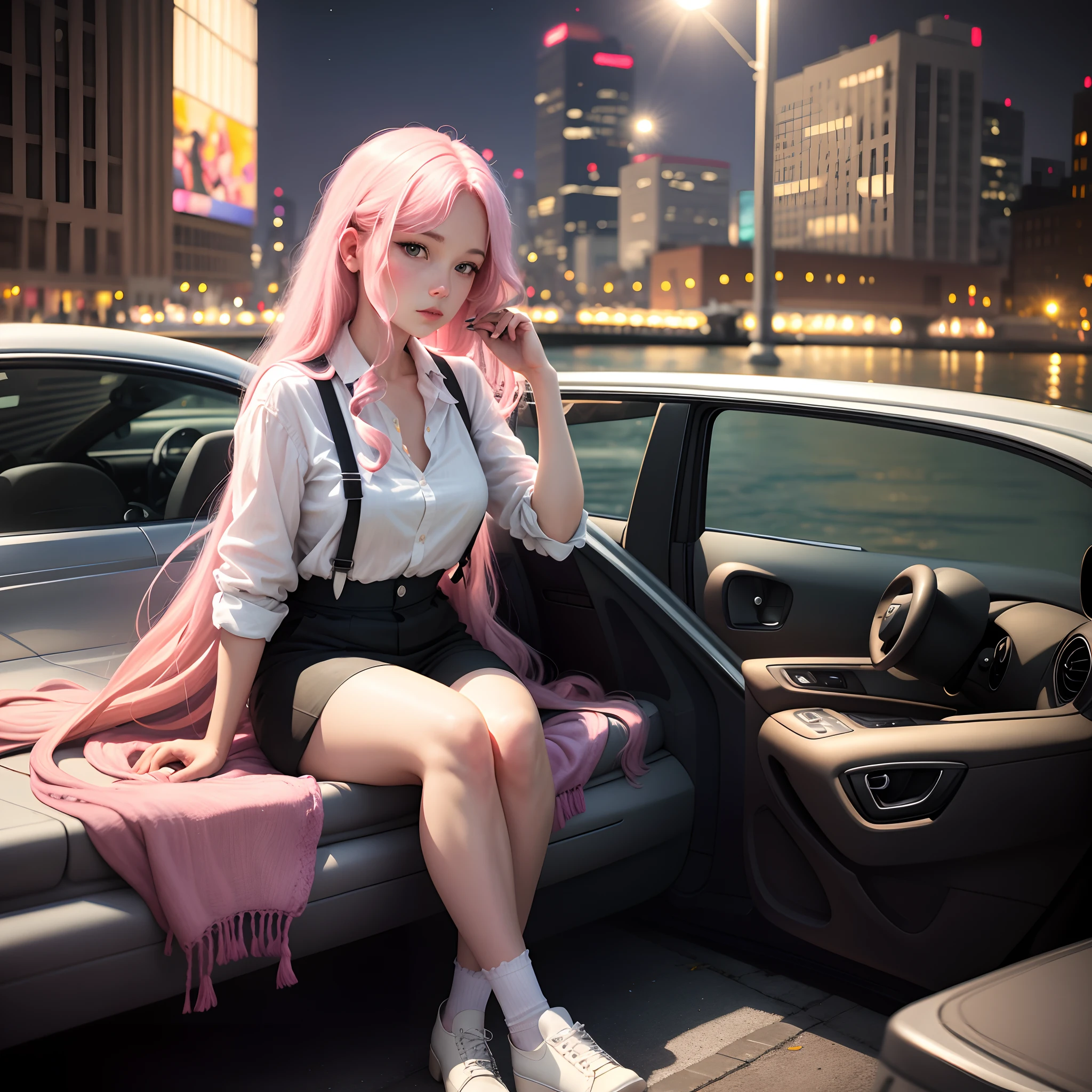 At night by the river in the city A woman sits in this car,Long pink hair and white suspenders in perfect proportions