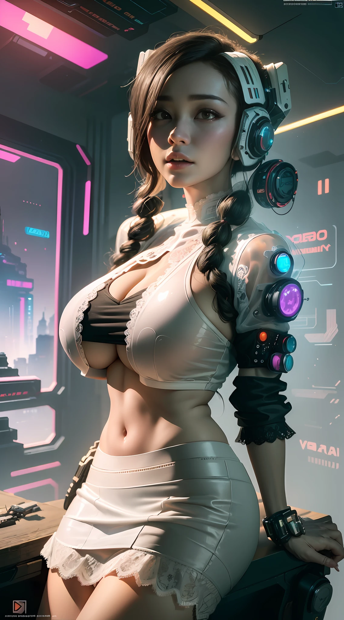 ((Best quality)), ((masterpiece)), (highly detailed:1.3), 3D, beautiful, (cyberpunk:1.6), in space, nebula, (holding_weapon:1.3), laser, (1Female mecha:1.3), sexy body, facing the audience, Glowing eyes, full body, (flying, swooping down, dynamic, motion blur: 1.4), (huge mech wings: 1.6), looking up, glowing_eyes, mecha, panorama, background is earth, nebula, space, particles, Reality, HDR (High Dynamic Range), Ray Tracing, NVIDIA RTX, Super Resolution, Unreal 5, Subsurface Scattering, PBR Textures, Post Processing, Anisotropic Filtering, Depth of Field, Maximum Clarity and Clarity, Multilayer Textures, Albedo and Specular maps, Surface shading, accurate simulation of light-material interaction, perfect proportions, Octane Render, two-tone lighting, large aperture, low ISO, white balance, rule of thirds, 8K RAW, efficient sub-pixel, sub-pixel volume product, (best quality),(Japanese:0.5),(korean:0.8), (Liu Yi Fei:1.5) long hair, (big breast:1.2),(underboob:1.5), (white transparent lace mini skirt:1.5)