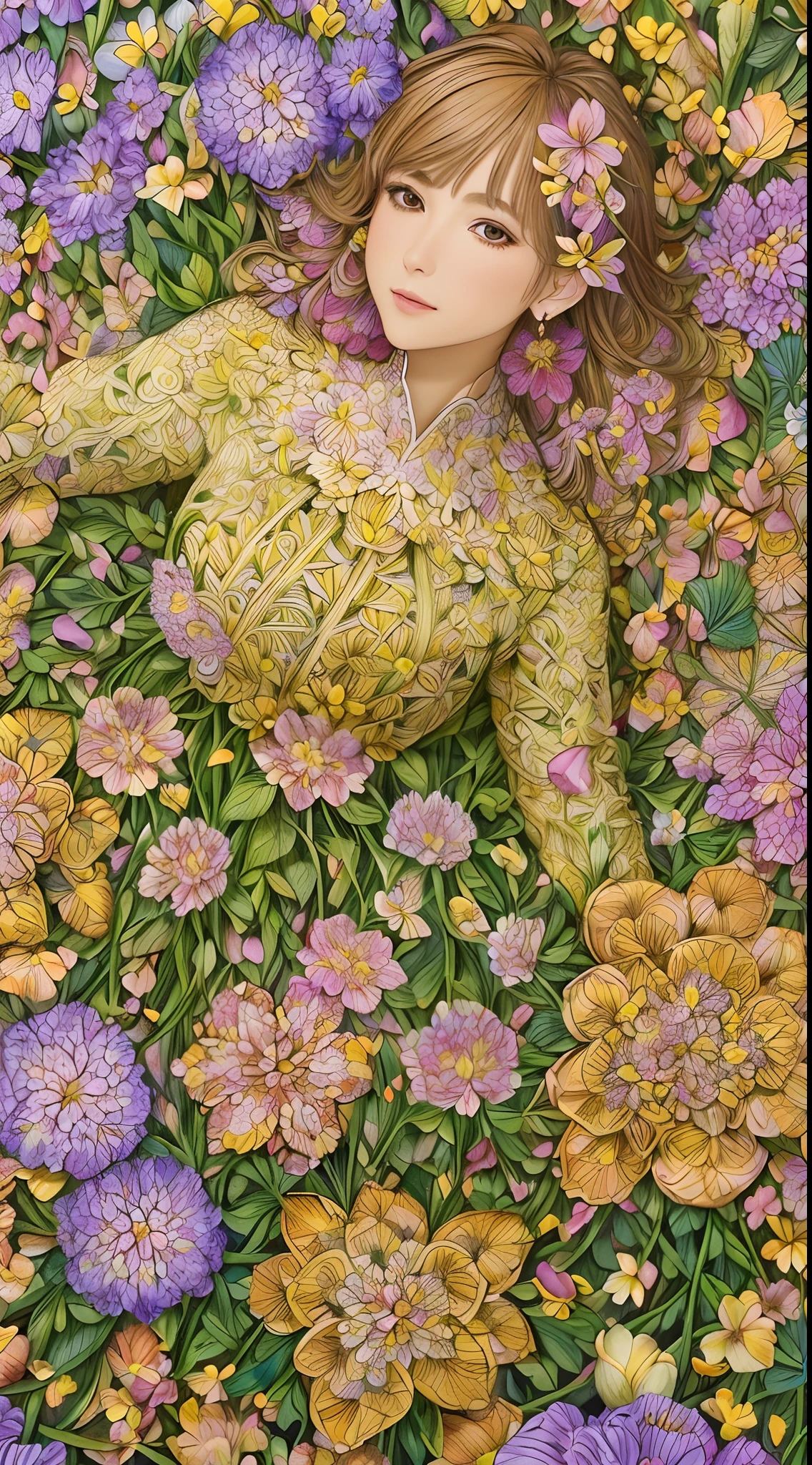 best quality, hires, extremely detailed, detailed background, diffused natural lighting, (flower field, flower petals, surrounded by flowers:1.4), (zentangle, fractal art:1.3), (many colors, colorful:1.1),  (1milf, matured female, face focus), seductive, wind blowing, earrings, wearing detailed exotic clothes