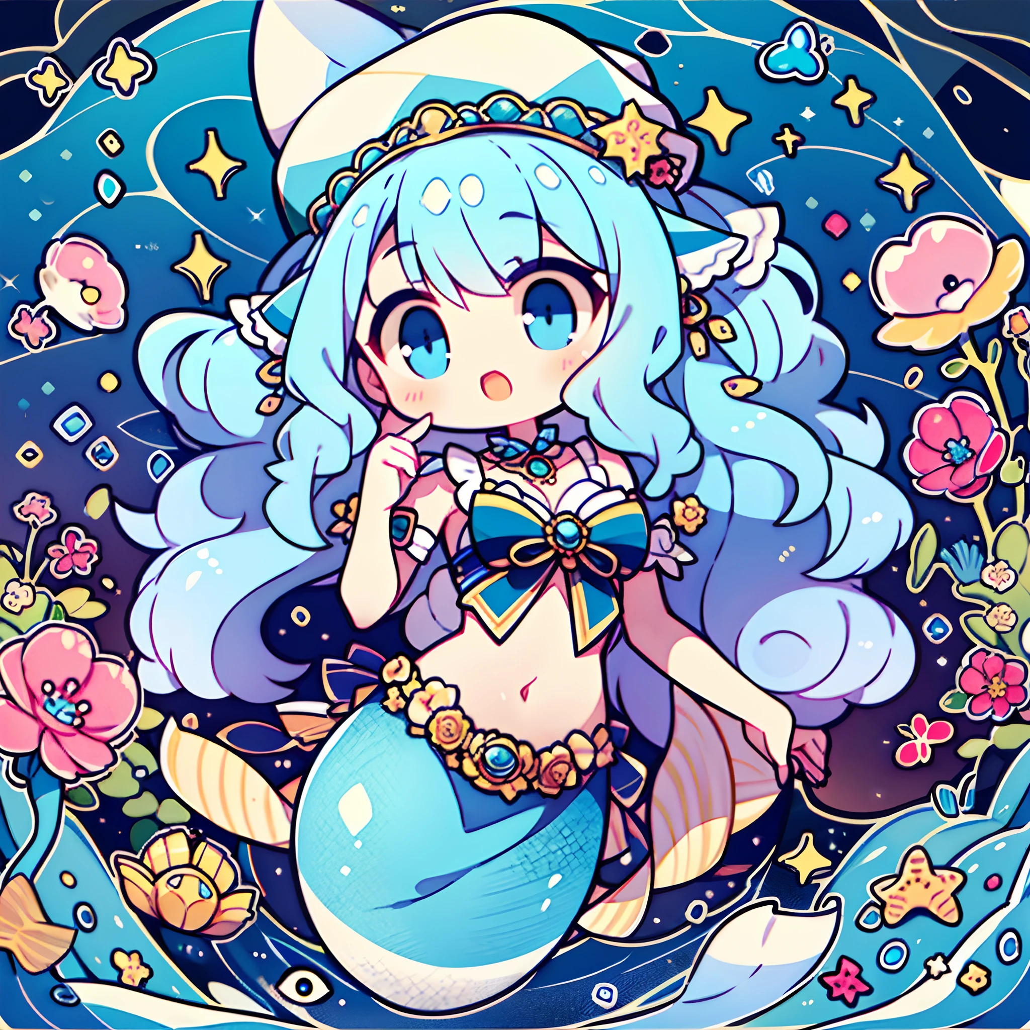 Chibi:1.2、(hightquality、ultra detailed to hand)、Under the sea、Mermaid tail、Blue eyes of the sea(eye detailed)、lightblue hair、longwavy hair、tiarra、Shines、Water creatures、florals、full body Esbian。Pure and gorgeous。