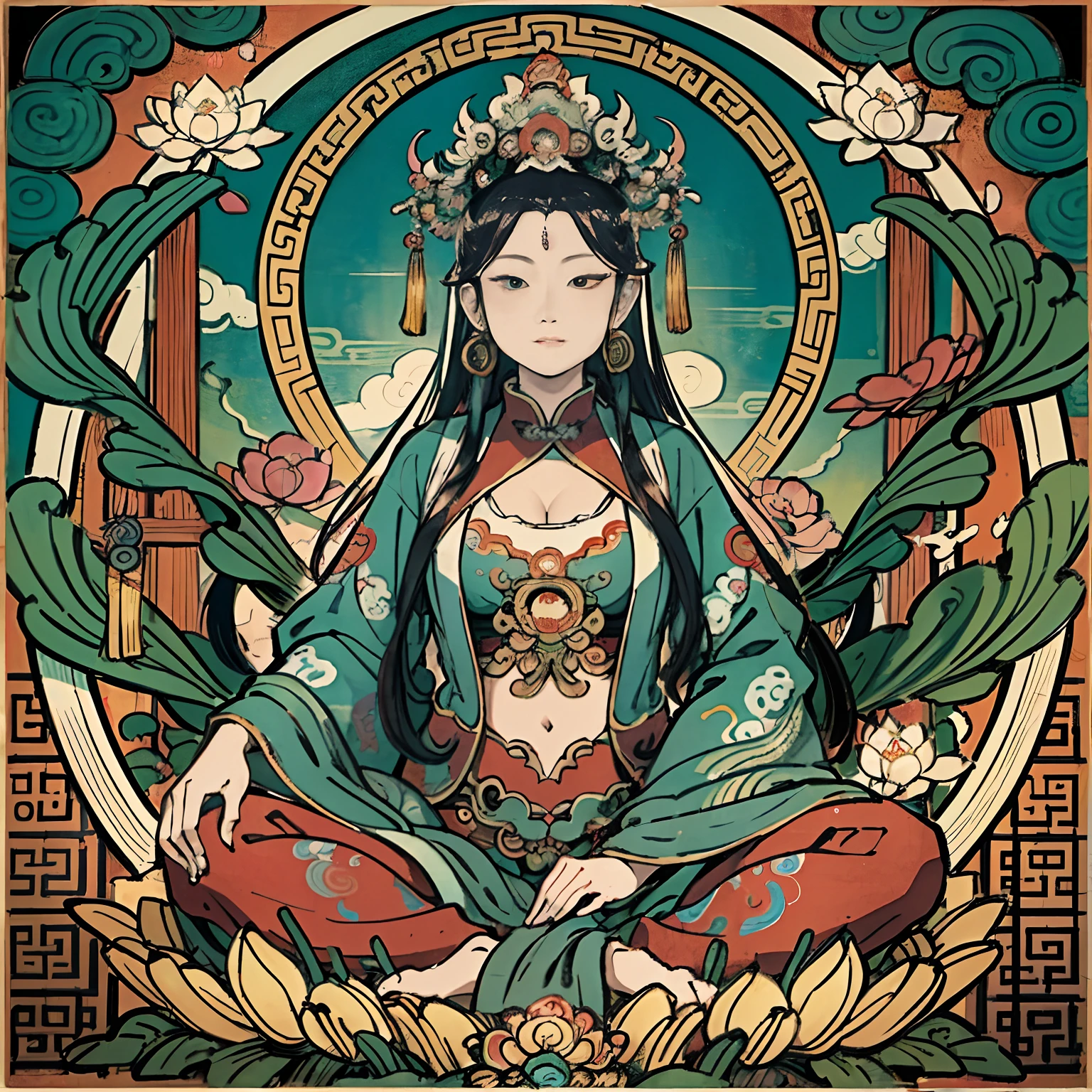 an ancient Chinese goddess, guanyin of the southern seas, Guanyin, Inspired by India, Avalokiteshvara,,Serene expression,shui mo hua,Buddha,Buddhist,Lotus,Chinese painting style,Thangka style