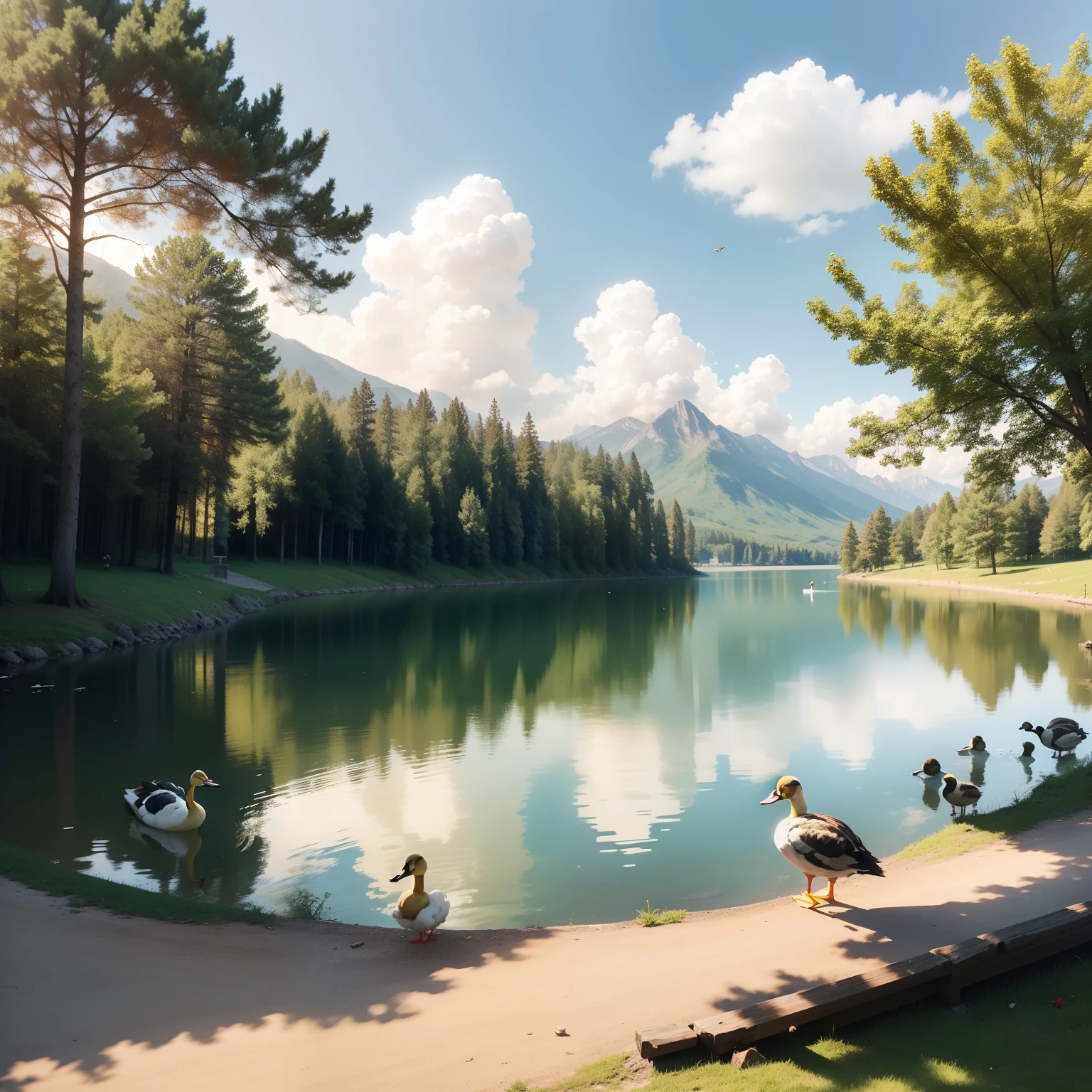There was a sunny morning, there was summer, lake in the background, with animals around, ducks