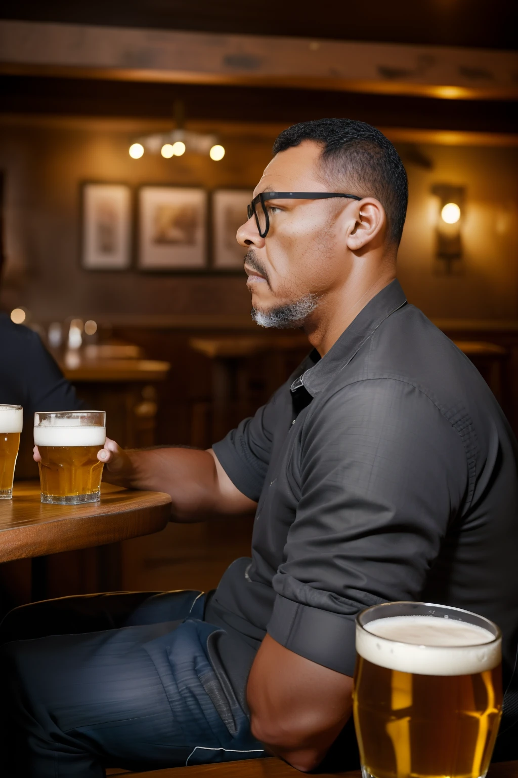 guttonervision8, A studio photograph of a man in an English pub, enjoying a beer at the bar. The image will be created in a hyper-realistic style with a scaling factor of 1.3, enhancing the lifelike qualities. The final output will be fotorrealistic, presented in an 8K Ultra High Definition with a scaling factor of 1.3, ensuring exceptional visual fidelity and sharpness. The artwork will be hiper-detailed, featuring meticulous attention to intricate elements with a scaling factor of 1.2.
The studio photograph will be executed using the Chiaroscuro technique, where the skillful interplay of light and shadow will be employed to create a captivating and immersive composition.