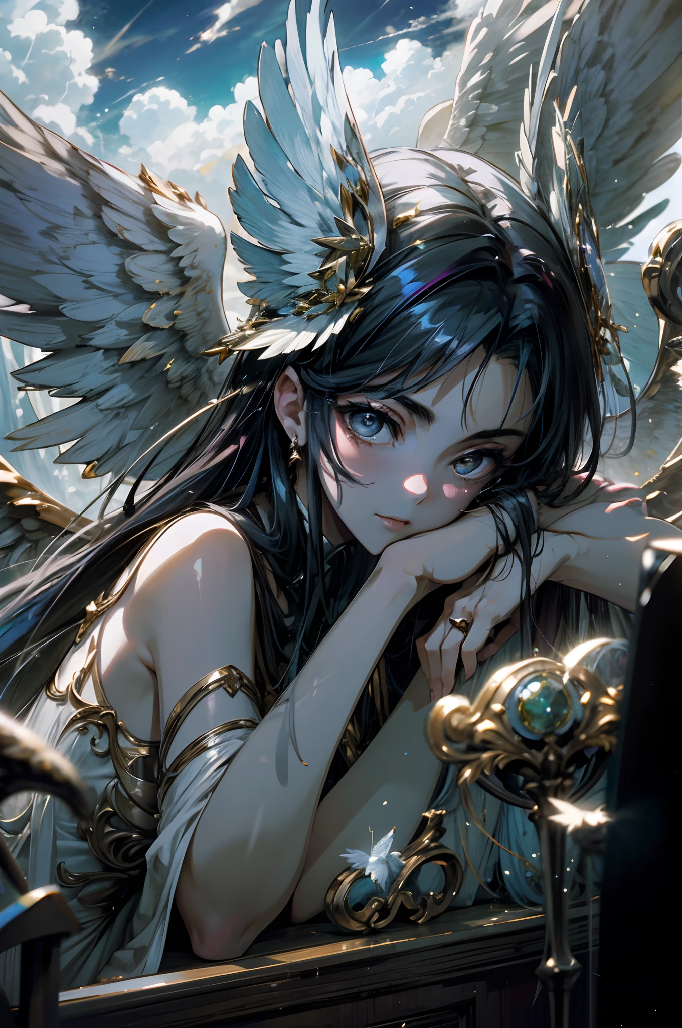 Angels descended from heaven, [Monica Bellucci], [Wings], Long hair, Joyful, vogue photography, high resolution, Detailed, Dreamy, The illusion of heaven, Heavenly sky, Depth of field.