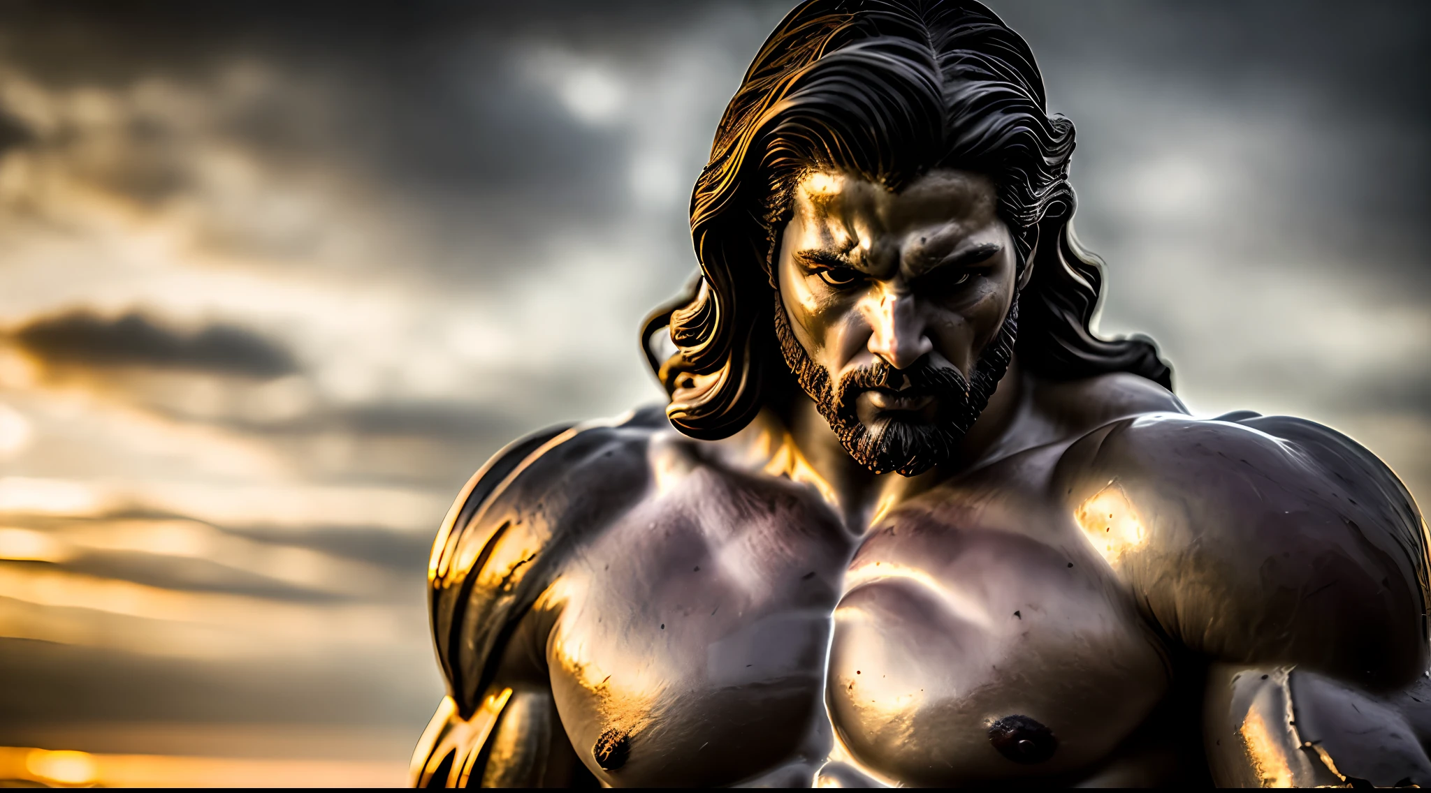 Marble statue of a very muscular furious male warrior god, barba grande, face muito agressiva, olhando para cima, (Crisp face:1.1), epic scene, Epic composition, foco nítido, dynamic  lighting, cinematic lighthing, profundidade de campo, Bokeh, Realismo, fotorrealista, hiper-realismo, fotografia profissional, UHD, DSLR, HDR, environment occlusion, iris and pupil rendering, Advanced color sorting