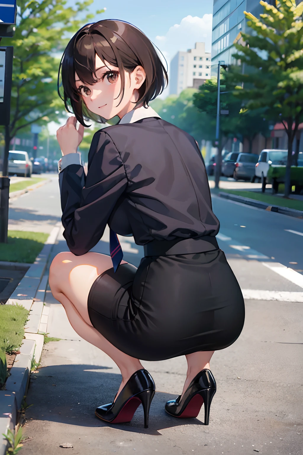 masterpiece, best quality,1girl,young girl,brown eyes,short hair,happy smile,shiny skin,(nice leg line:1.3),thin waist,huge breasts
BREAK
school uniform,necktie,((pencil skirt)),high heels
BREAK
park,crowd,depth of field,looking at viewer,squatting,from behind,upper body,legsupsexms