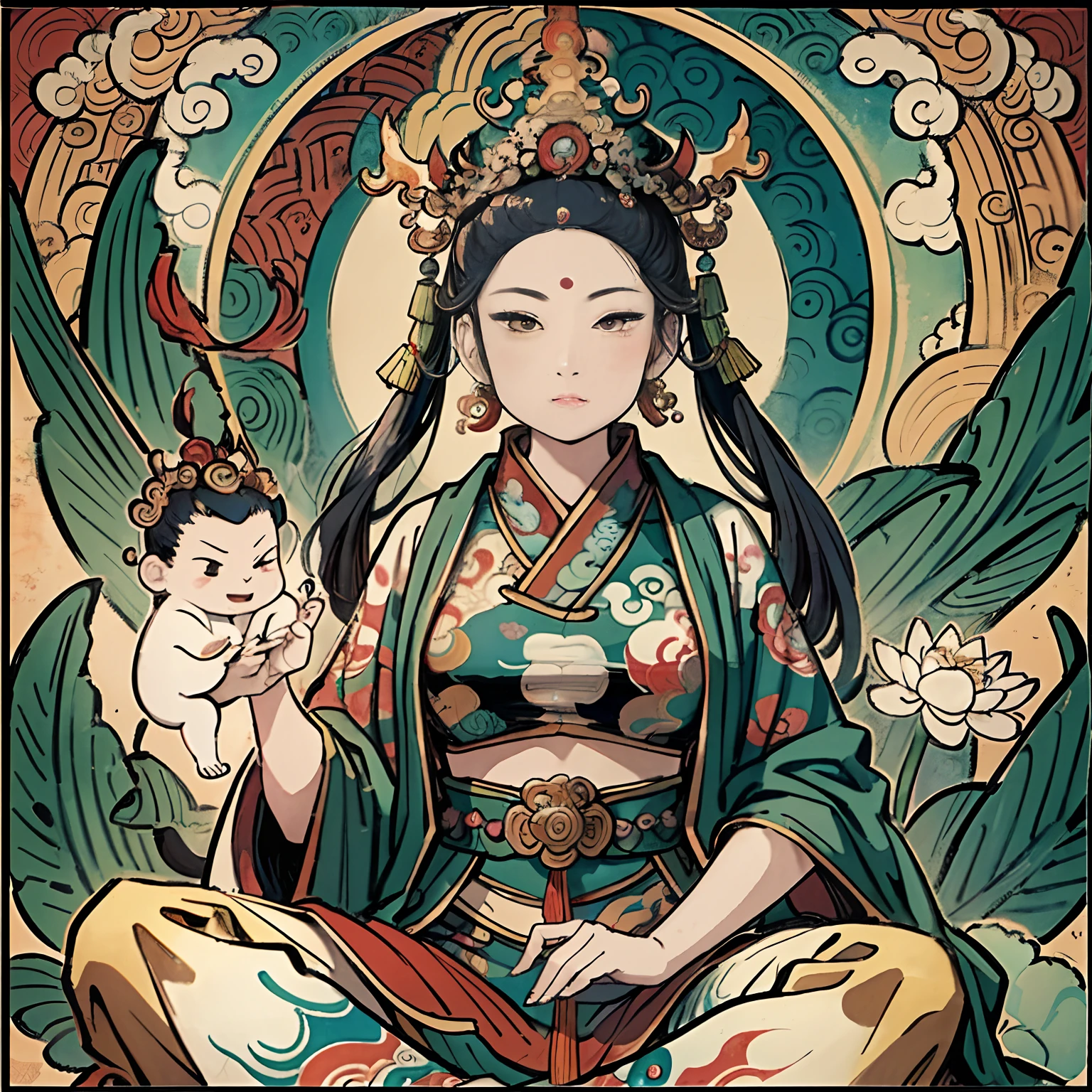 an ancient Chinese goddess, guanyin of the southern seas, Guanyin, Inspired by India, Avalokiteshvara rides a dragon，,Serene expression,shui mo hua,Buddha,Buddhist,Lotus,Chinese painting style,Thangka style