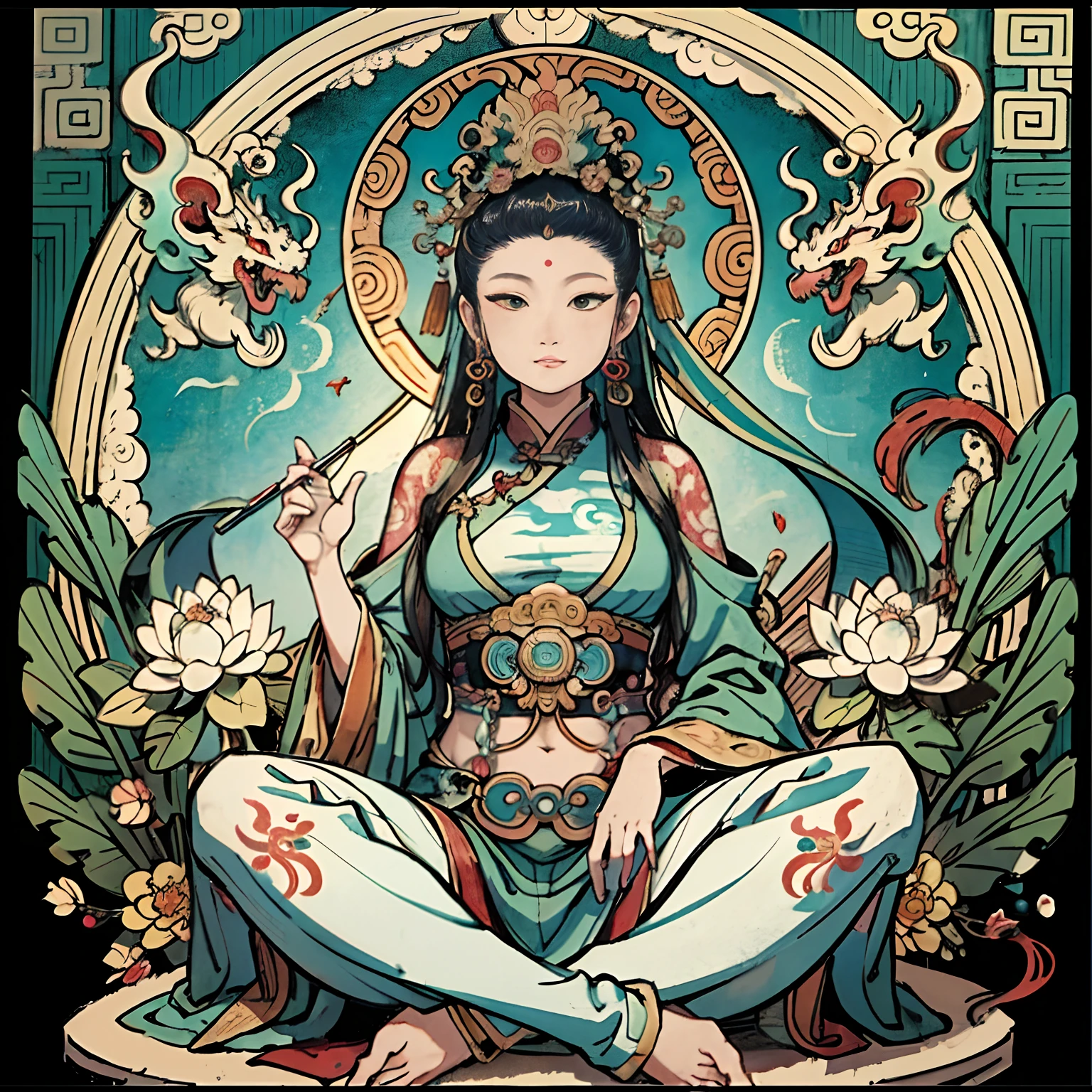 an ancient Chinese goddess, guanyin of the southern seas, Guanyin, Inspired by India, Avalokiteshvara rides a dragon,,Serene expression,shui mo hua,Buddha,Buddhist,Lotus,Chinese painting style,Thangka style
