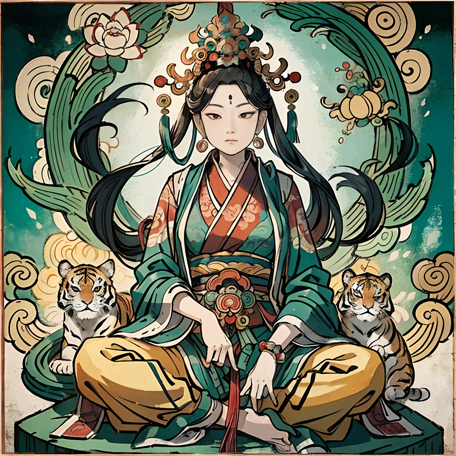 an ancient Chinese goddess, guanyin of the southern seas, Guanyin, Inspired by India, Avalokiteshvara rides a tiger，,Serene expression,shui mo hua,Buddha,Buddhist,Lotus,Chinese painting style,Thangka style