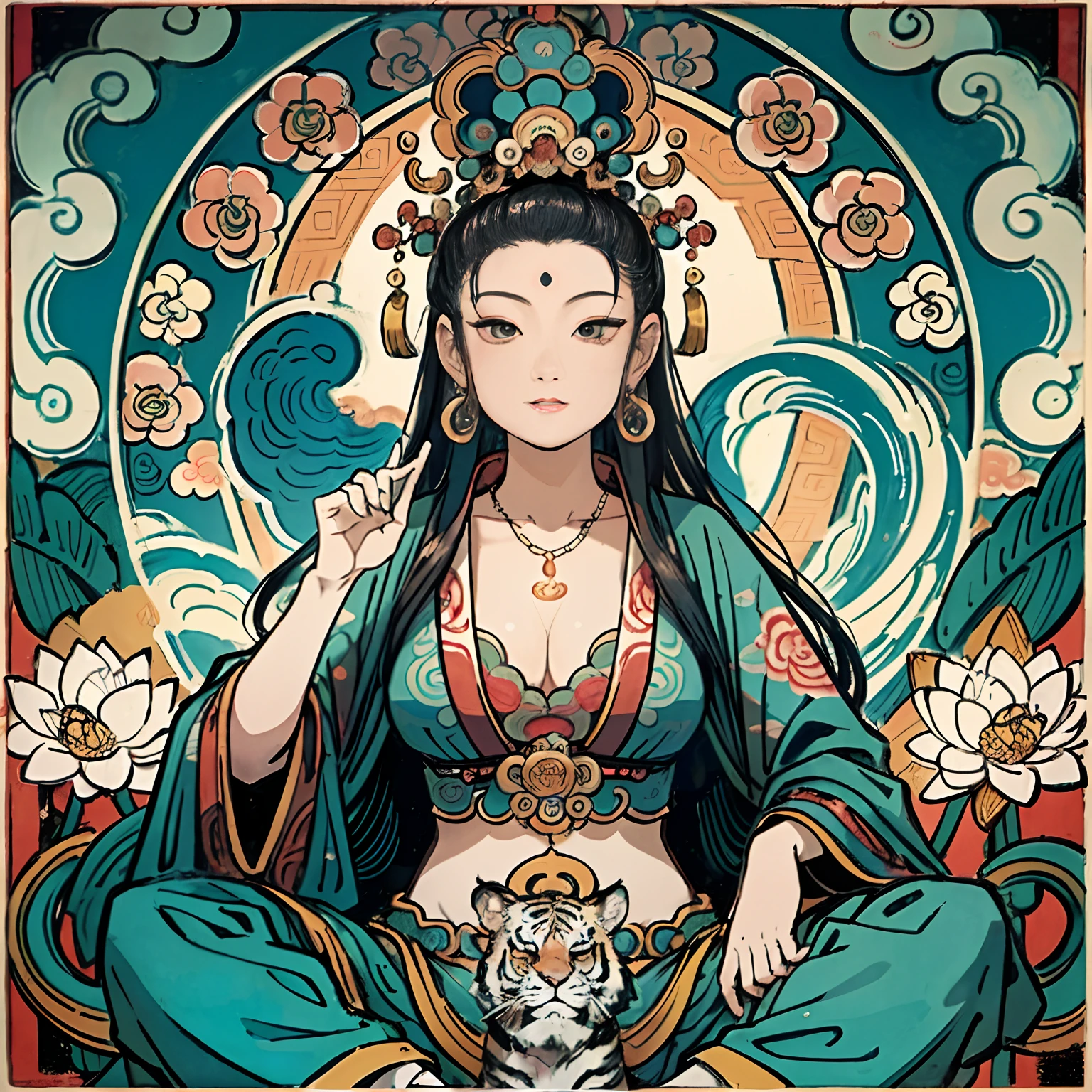 an ancient Chinese goddess, guanyin of the southern seas, Guanyin, Inspired by India, Avalokiteshvara rides a tiger,,Serene expression,shui mo hua,Buddha,Buddhist,Lotus,Chinese painting style,Thangka style