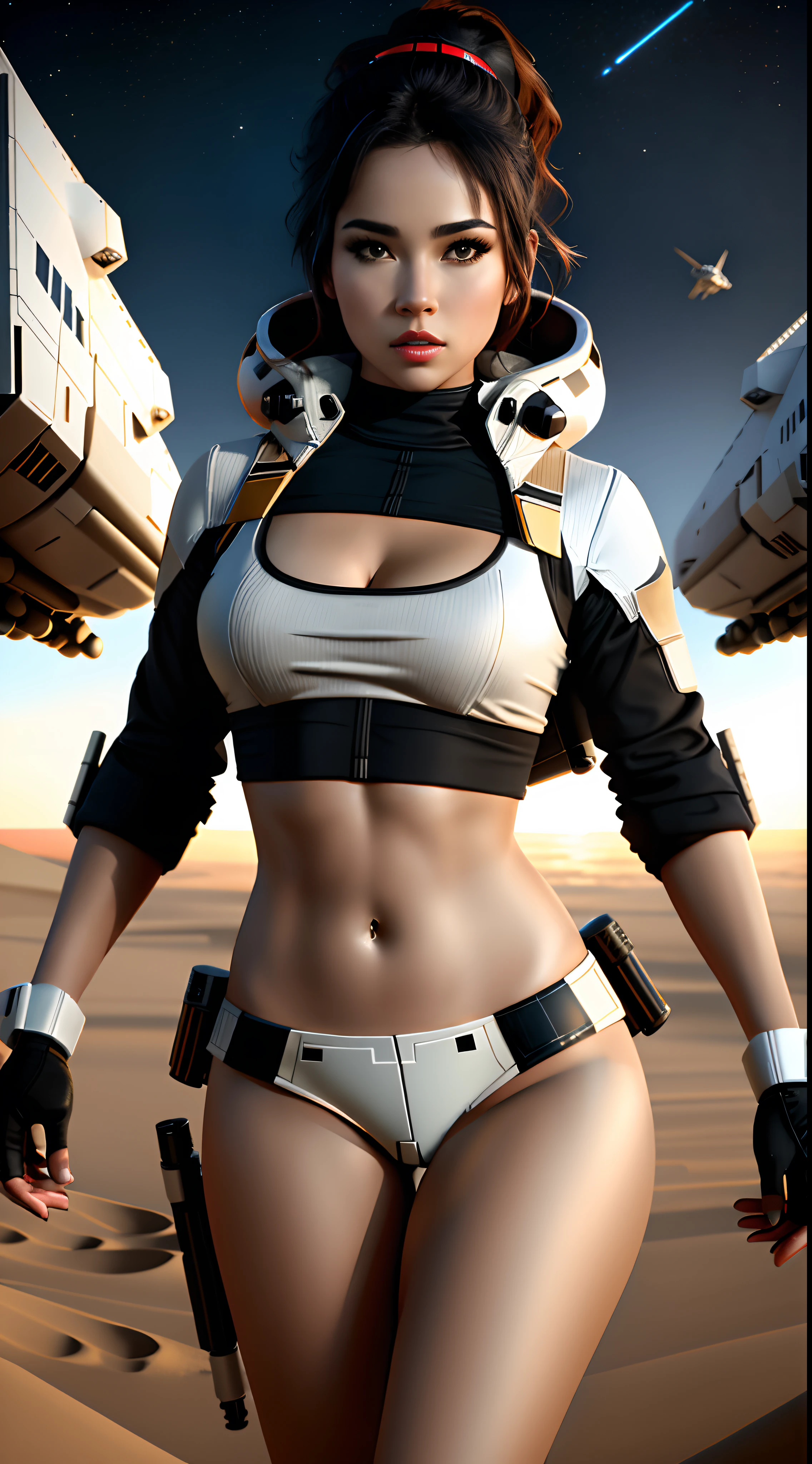 Sexy female stormtrooper caught in the middle of taking her clothes off, wearing barely anything, Star Wars ship setting, highly detailed, 8k