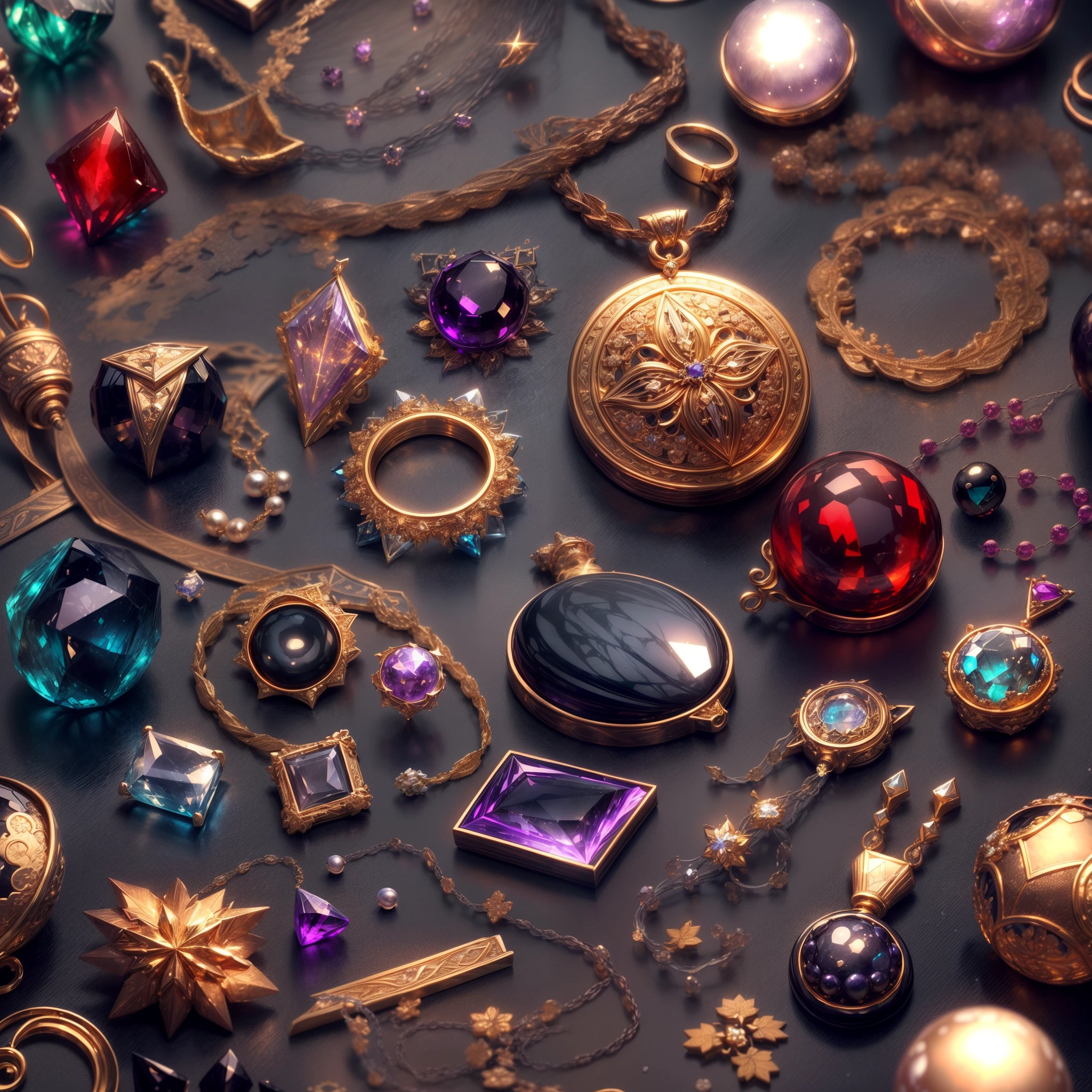 (Heavy industrial style:1.2),(Full Focus:2),(Everything is laid out in a display case:1.3),(Printed silk products|medal|ore|obsidian|pearls|hisui|white jade|amethyst|sapphires|Gold products|Silver products|Purple gold|Magical jewelry|antiquarian|Red Jewel|Diamond|topaz|:2),Magic symbols,Magic light particle effect,High-tech luxury, High-value jewelry,,High-value metals,luxury goods,Puzzles are prohibited, Detailed and complex background, glittery, reflective light, hyper HD, Award-Awarded, A high resolution, High detail, Chiaroscuro, Cinematic lighting, Masterpiece, Ray traching,structurally correct, Super detail, High quality, High details, Best quality, 16k
