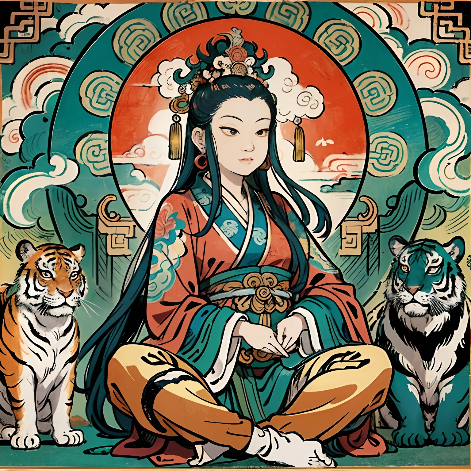 an ancient Chinese goddess, guanyin of the southern seas, Guanyin, Inspired by India, Avalokiteshvara rides a tiger,,Serene expression,shui mo hua,Buddha,Buddhist,Lotus,Chinese painting style,Thangka style