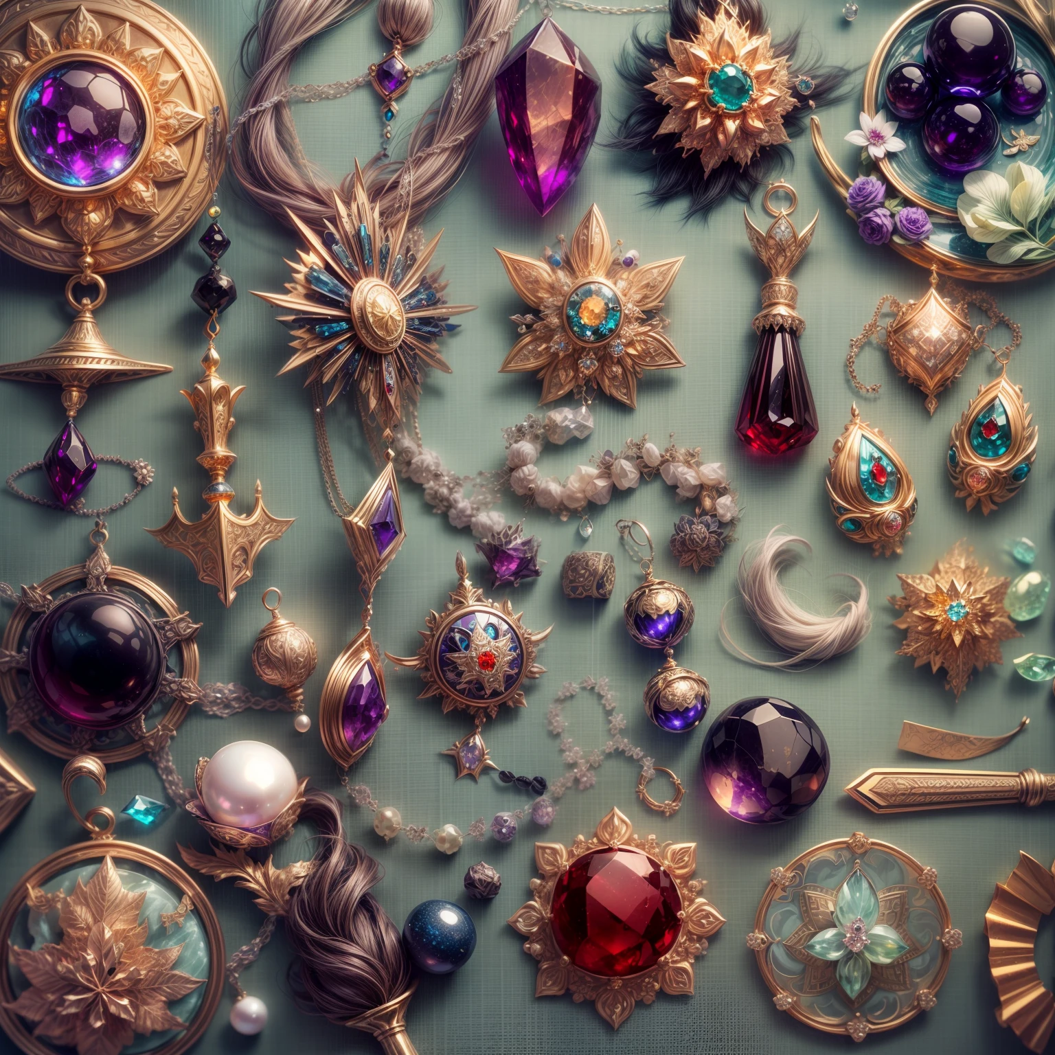 (Steampunk style:1.2)，(Full Focus:2),(Everything is laid out in a display case:1.3)，(Printed silk products|medal|ore|obsidian|pearls|hisui|white jade|amethyst|sapphires|Gold products|Silver products|Purple gold|Magical jewelry|antiquarian|Red Jewel|Diamond|topaz|:2)，Magic symbols，Magic light particle effect，High-tech luxury， High-value jewelry,，High-value metals，luxury goods，Puzzles are prohibited, Detailed and complex background, glittery, reflective light, hyper HD, Award-Awarded, A high resolution, High detail, Chiaroscuro, Cinematic lighting, Masterpiece, Ray traching，structurally correct, Super detail, High quality, High details, Best quality, 16k