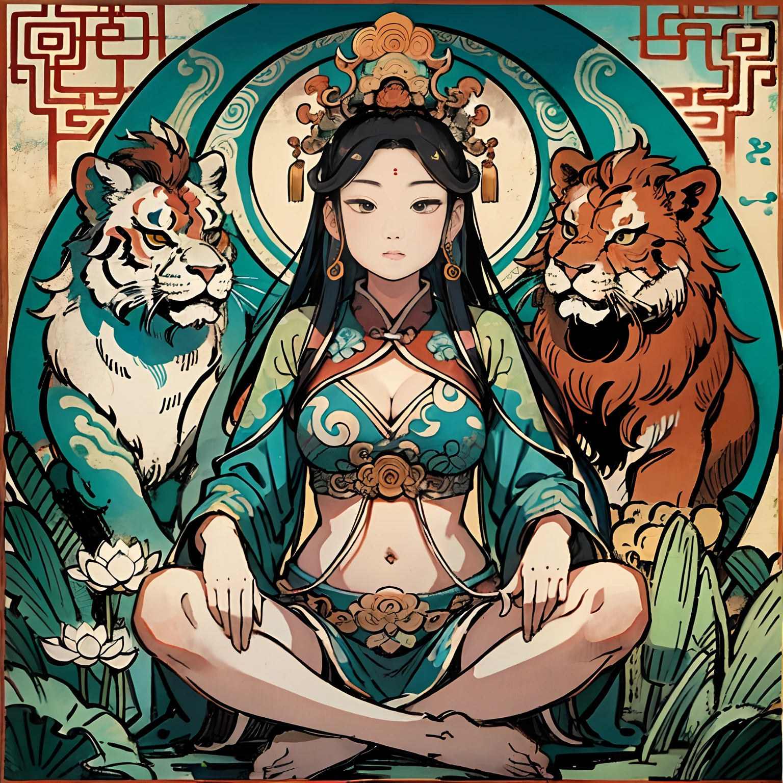 an ancient Chinese goddess, guanyin of the southern seas, Guanyin, Inspired by India, Avalokiteshvara rides a lion，,Serene expression,shui mo hua,Buddha,Buddhist,Lotus,Chinese painting style,Thangka style