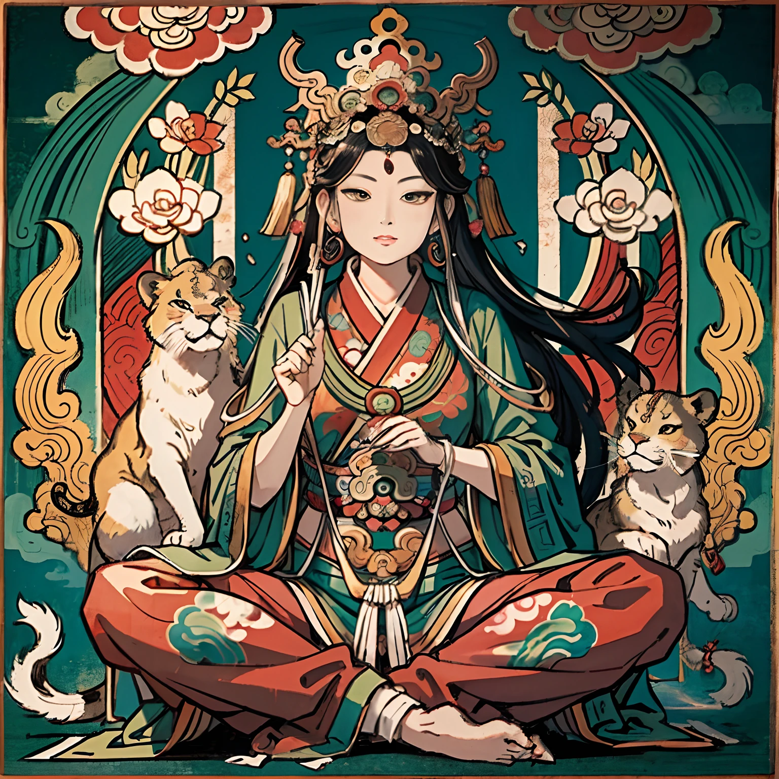 an ancient Chinese goddess, guanyin of the southern seas, Guanyin, Inspired by India, Avalokiteshvara rides a lion，,Serene expression,shui mo hua,Buddha,Buddhist,Lotus,Chinese painting style,Thangka style