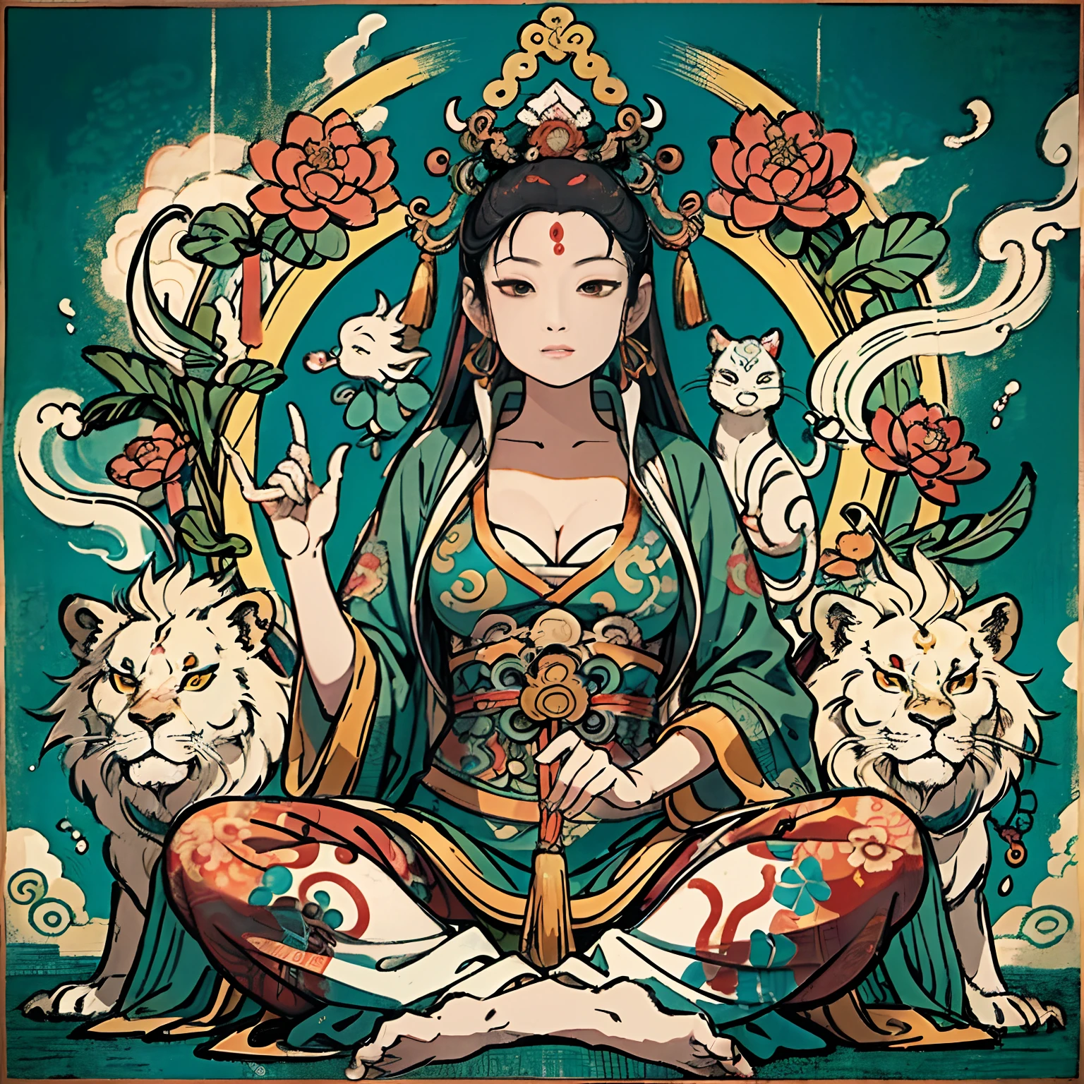 an ancient Chinese goddess, guanyin of the southern seas, Guanyin, Inspired by India, Avalokiteshvara rides a lion，,Serene expression,shui mo hua,Buddha,Buddhist,Lotus,Chinese painting style,Thangka style