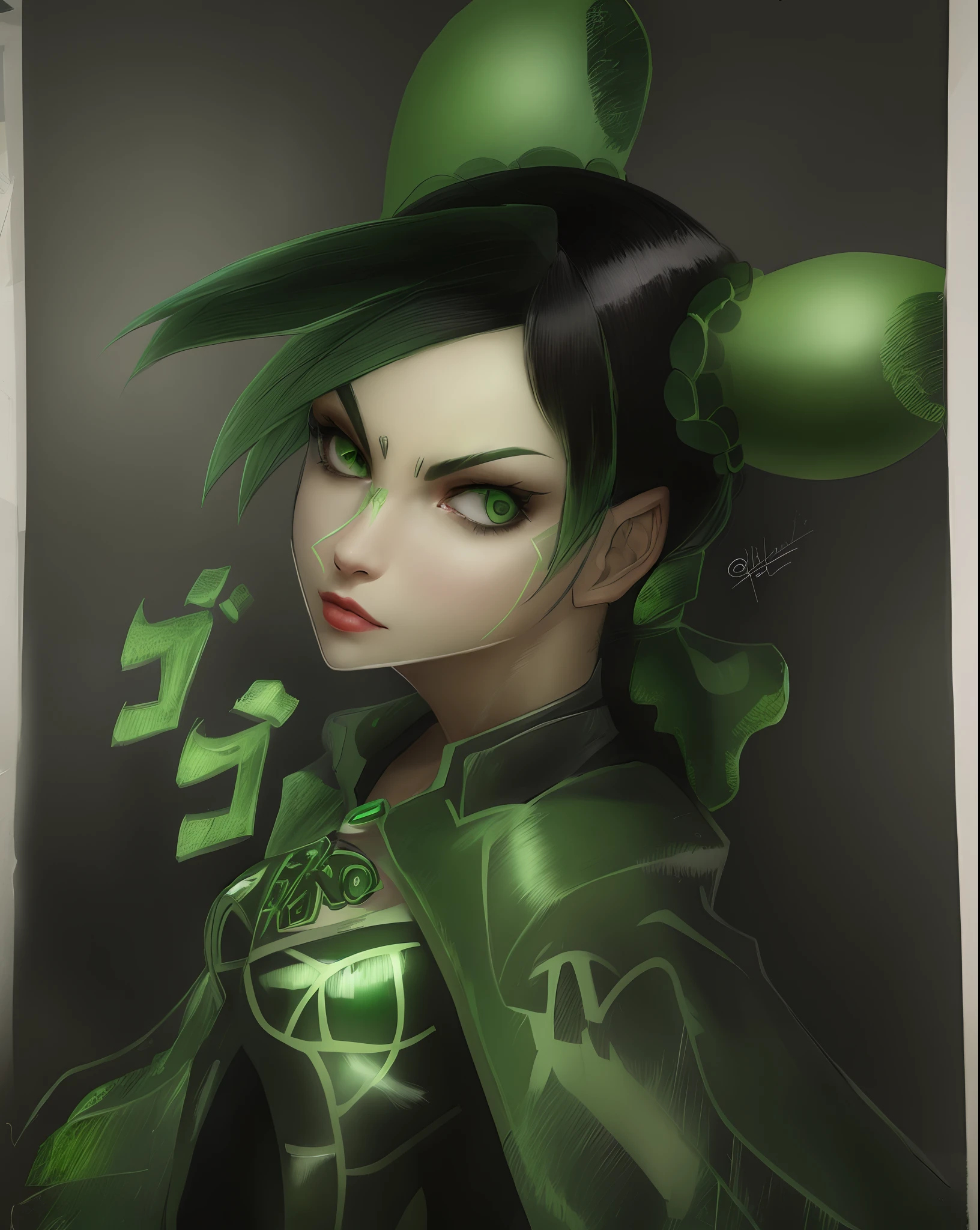 draw woman with a green and black hair, realistic skin texture, realistic clothes, green eyes, jojo style,