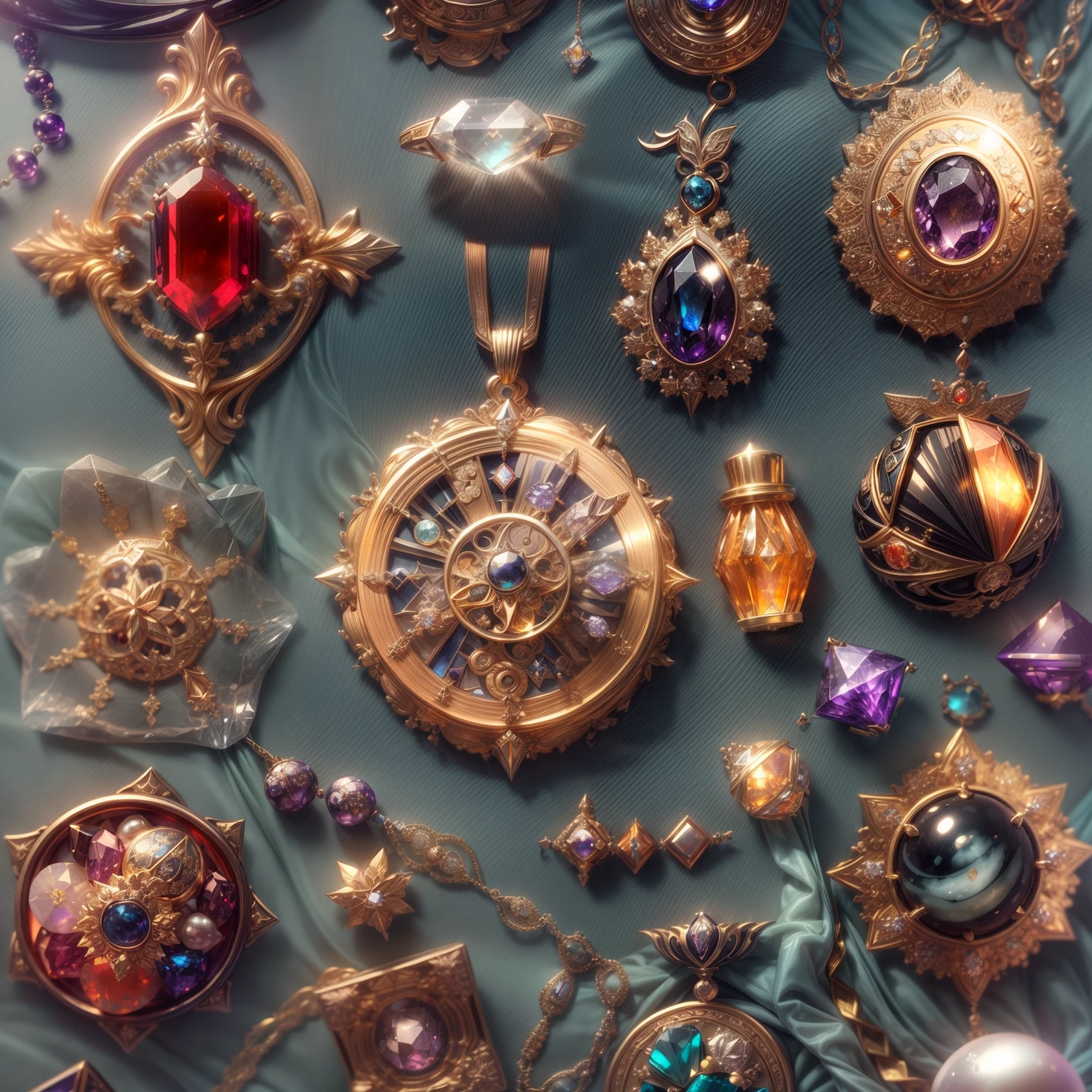 (Steampunk style:1.2)，(Full Focus:2),(Everything is laid out in a display case:1.3)，(Printed silk products|medal|ore|obsidian|pearls|hisui|white jade|amethyst|sapphires|Gold products|Silver products|Purple gold|Magical jewelry|antiquarian|Red Jewel|Diamond|topaz|:2)，Magic symbols，Magic light particle effect，High-tech luxury， High-value jewelry,，High-value metals，luxury goods，Puzzles are prohibited, Detailed and complex background, glittery, reflective light, hyper HD, Award-Awarded, A high resolution, High detail, Chiaroscuro, Cinematic lighting, Masterpiece, Ray traching，structurally correct, Super detail, High quality, High details, Best quality, 16k
