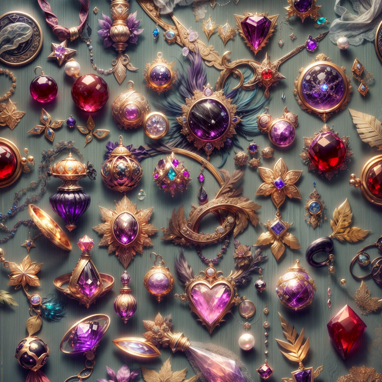(Steampunk style:1.2),(Full Focus:2),(Everything is laid out in a display case:1.3),(Printed silk products|medal|ore|obsidian|pearls|hisui|white jade|amethyst|sapphires|Gold products|Silver products|Purple gold|Magical jewelry|antiquarian|Red Jewel|Diamond|topaz|:2),Magic symbols,Magic light particle effect,High-tech luxury, High-value jewelry,,High-value metals,luxury goods,Puzzles are prohibited, Detailed and complex background, glittery, reflective light, hyper HD, Award-Awarded, A high resolution, High detail, Chiaroscuro, Cinematic lighting, Masterpiece, Ray traching,structurally correct, Super detail, High quality, High details, Best quality, 16k