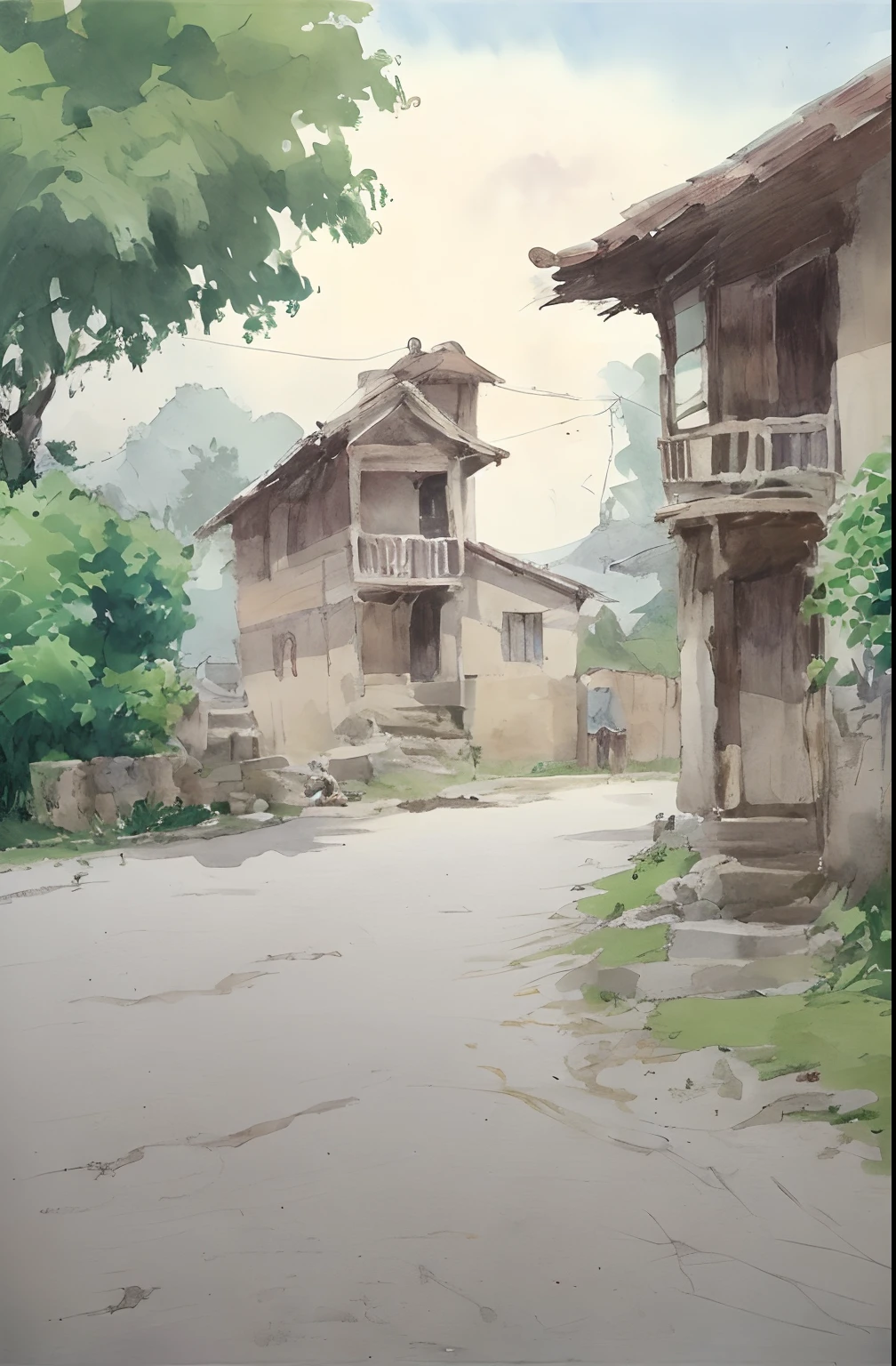 Watercolor painting, small path of Chinese rural houses, trees, bright sun, shade,