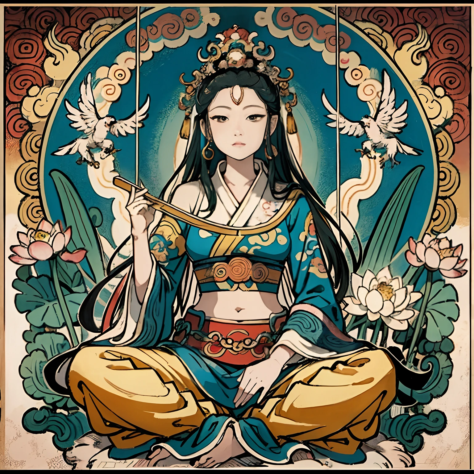 an ancient Chinese goddess, guanyin of the southern seas, Guanyin, Inspired by India, Avalokiteshvara rides a phoenix,,Serene expression,shui mo hua,Buddha,Buddhist,Lotus,Chinese painting style,Thangka style