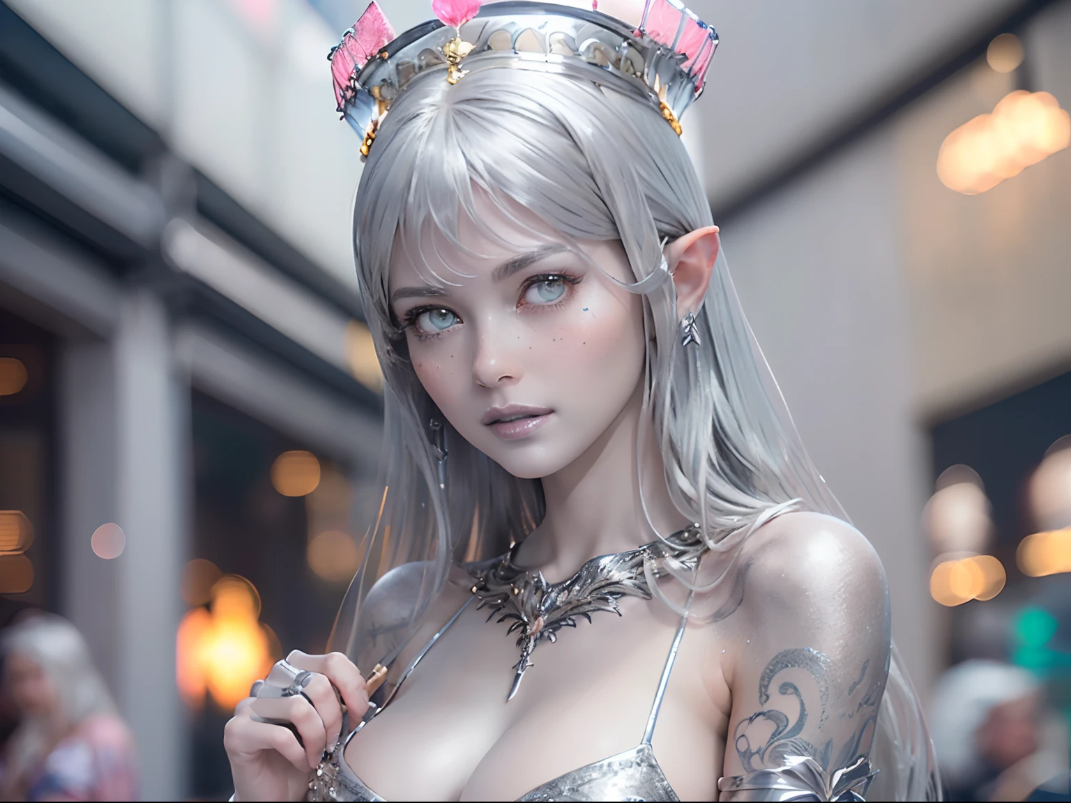 Ultra-detailed complex 3D rendering of the face, (masterpiece, top quality, octane rendering,), glamour shots full body image, very beautiful young elves, cleavage, (highly detailed skin: 1.2), (exposure: 1.1), ((blue micro bikini: 1.95)))). , 8k, (((very soft breasts)), (((conspicuous large pink areola)), beautiful Caucasian woman with white skin with full soft breasts with big buttocks, one, long braided hair, big breasts, dynamic angles, (((huge breasts: 2.4)), ultra-realistic photos, ((((((silver hair)))), futuristic urban background, facial muscles, (((((detailed and glamorous silver crown)))), In the style of Marvel Comics, ArtStation Trends, Clear Focus, Intricate Details, Very Detailed, Detailed Green Eyes, Sharp Focus, Digital Rendering, Professional, Abs, Lip Gloss, Glossy Skin, Sexy Pose, Golden Tattoo All Over Body, Silver Pattern All Over Body, Silver Lame Skin, Gold Glitter Skin, Mansuji, Buttocks, Jeweled All Over the Body, with silver scales, silver hair,