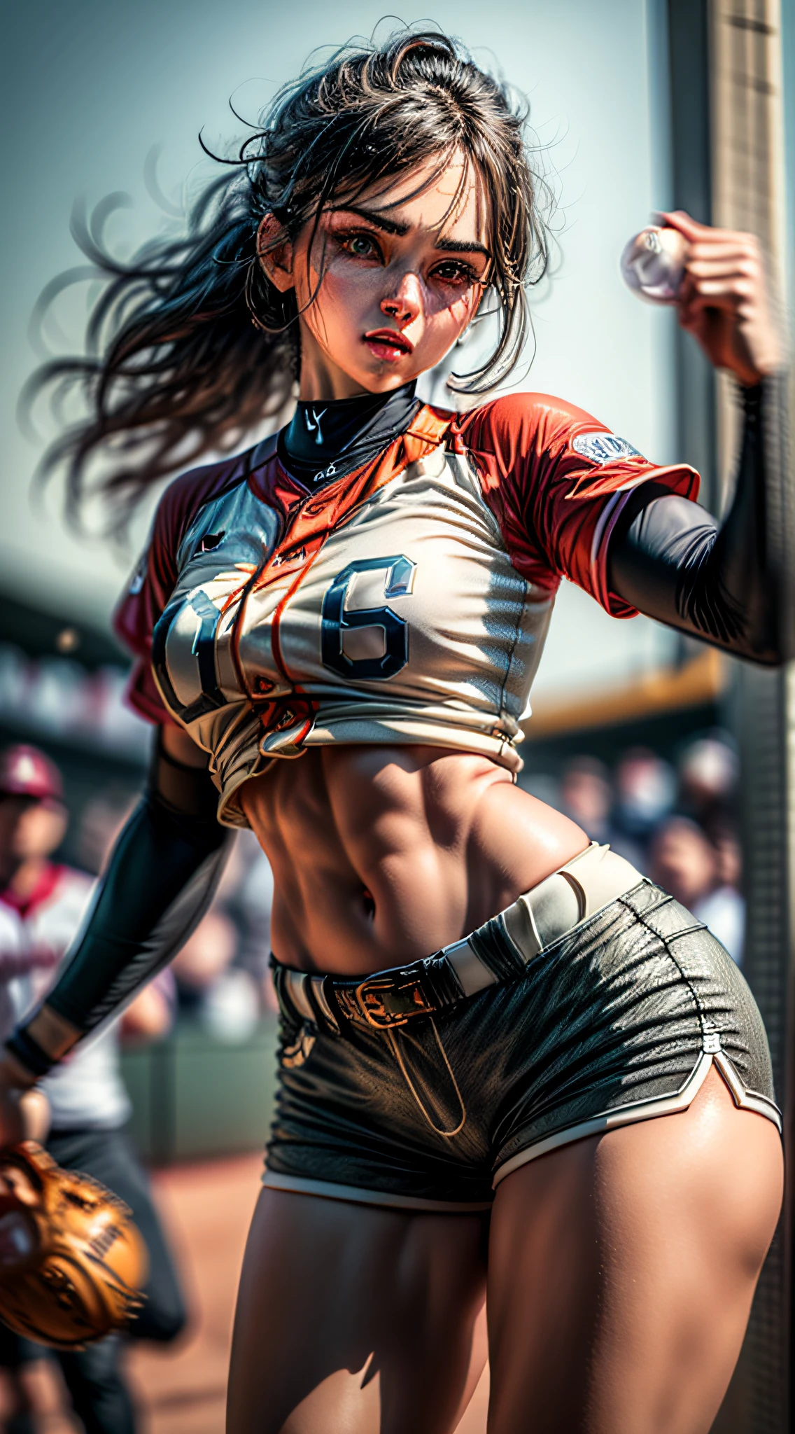 ((masterpiece)), ((best quality)), (ultra detailed), ((extremely detailed)), 4K, (8K), best quality,((Split standing)),araffe 1 woman in one baseball uniform throwing a baseball, beautiful, extremely sexy, standing on one leg, micro shorts, looking at viewer holding a baseball, leg extremely raised and concentrated for a pitch,