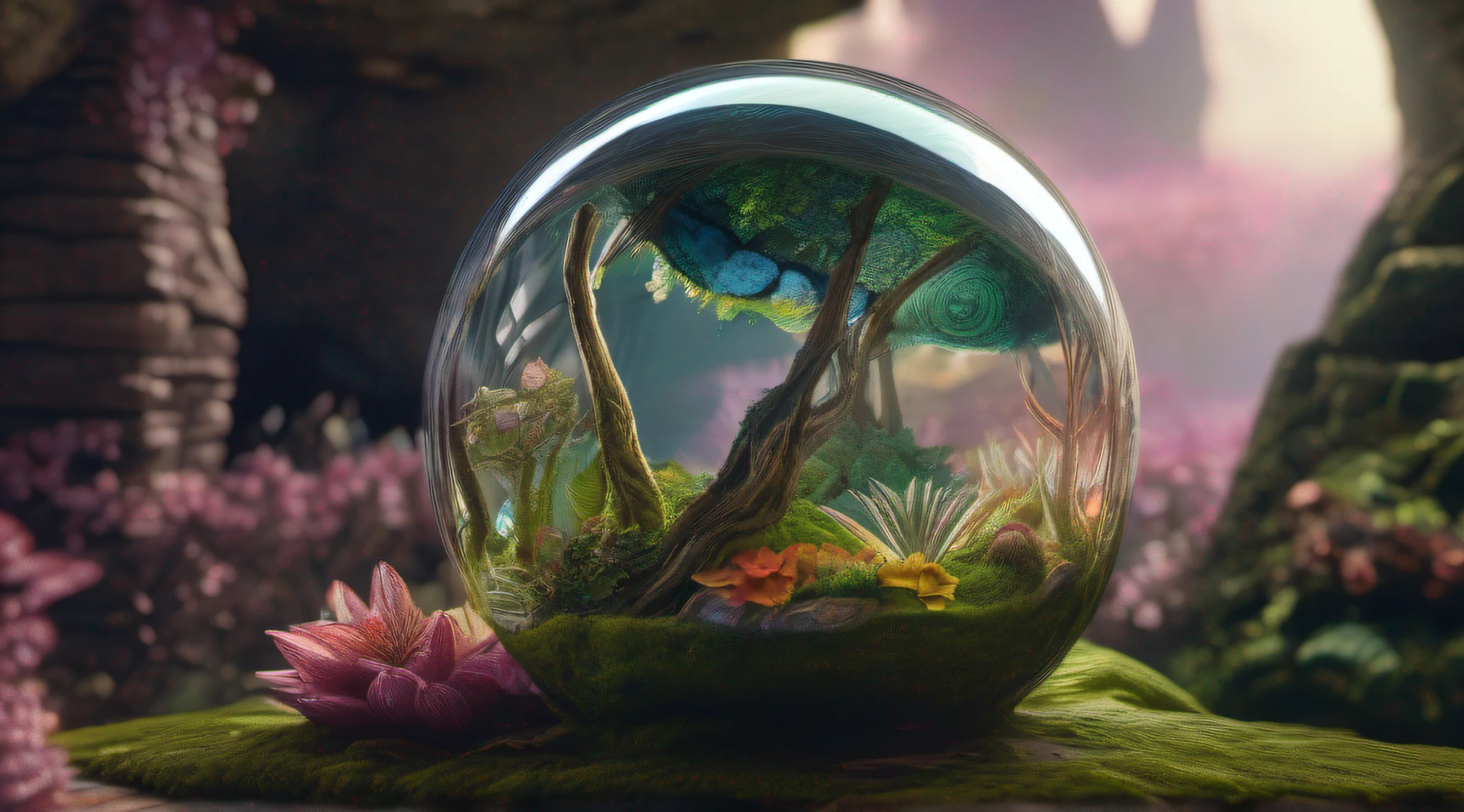 Glass sphere containing inside an alien biome of exotic flowers, The sphere is perched on moss lawn inside a cave with walls studded with gleaming minerals, detalhes intrincados, arte fantasia, arte de Clemilton Barbosa, arte premiada, 8k