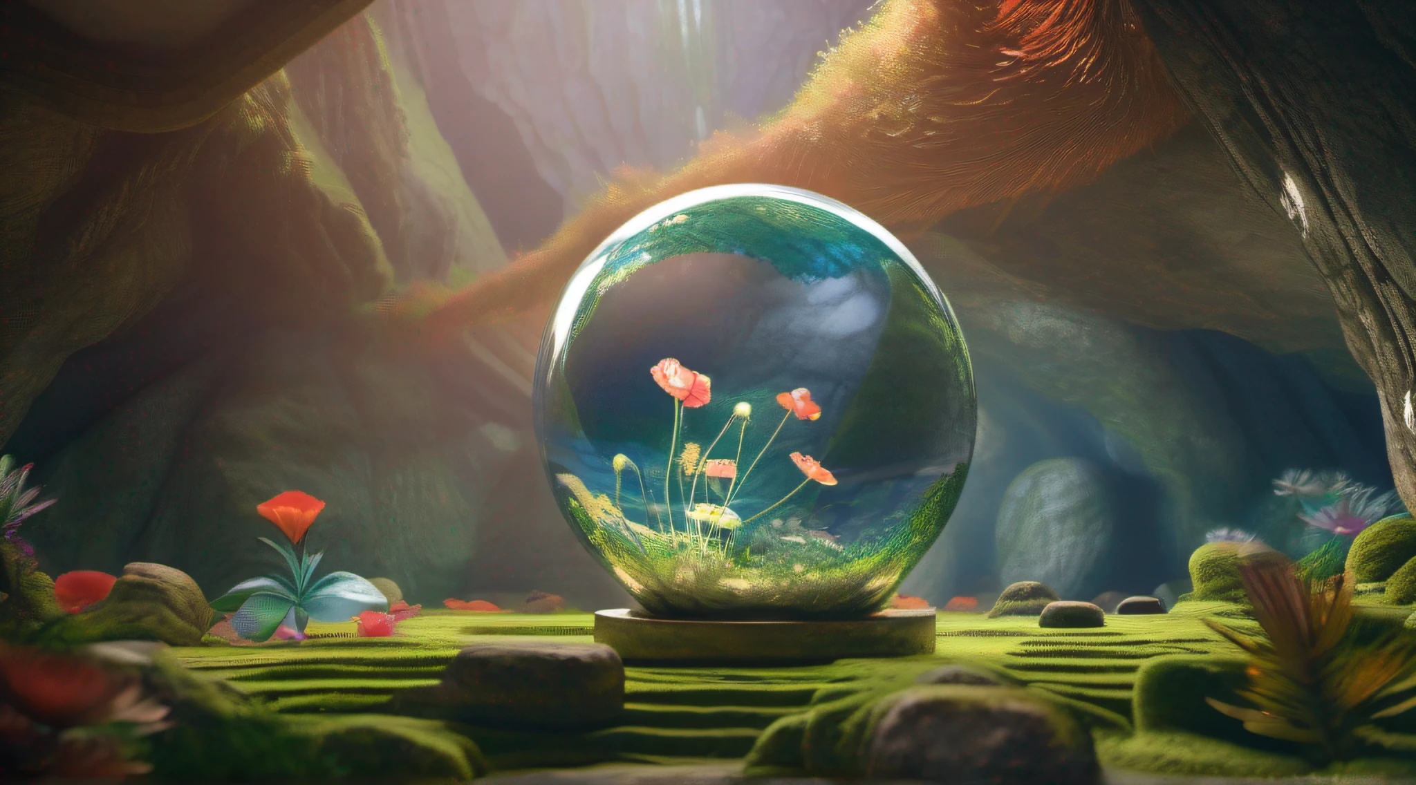 Glass sphere containing inside an alien biome of exotic flowers, The sphere is perched on moss lawn inside a cave with walls studded with gleaming minerals, detalhes intrincados, arte fantasia, arte de Clemilton Barbosa, arte premiada, 8k