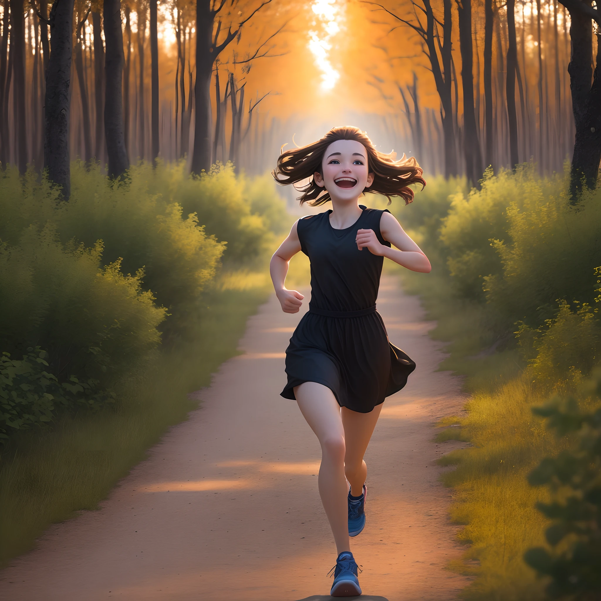 8k,dusk,in the grove,brown hair,run,laughing
A girl in a dress with hair running in the wilderness,in the grove，Back run