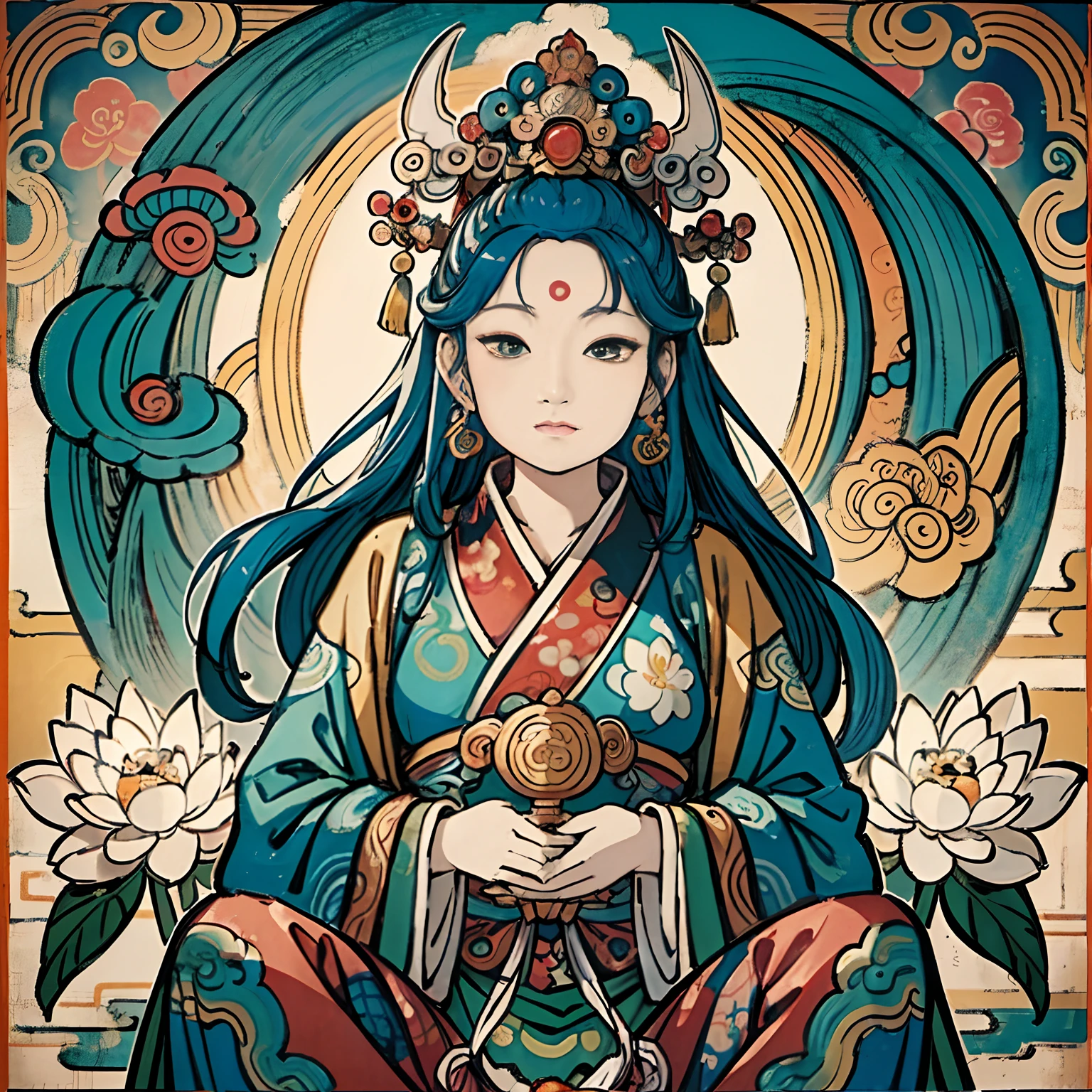 an ancient Chinese goddess, guanyin of the southern seas, Guanyin, Inspired by India, Avalokiteshvara，,Serene expression,shui mo hua,Buddha,Buddhist,Lotus,Chinese painting style,Thangka style