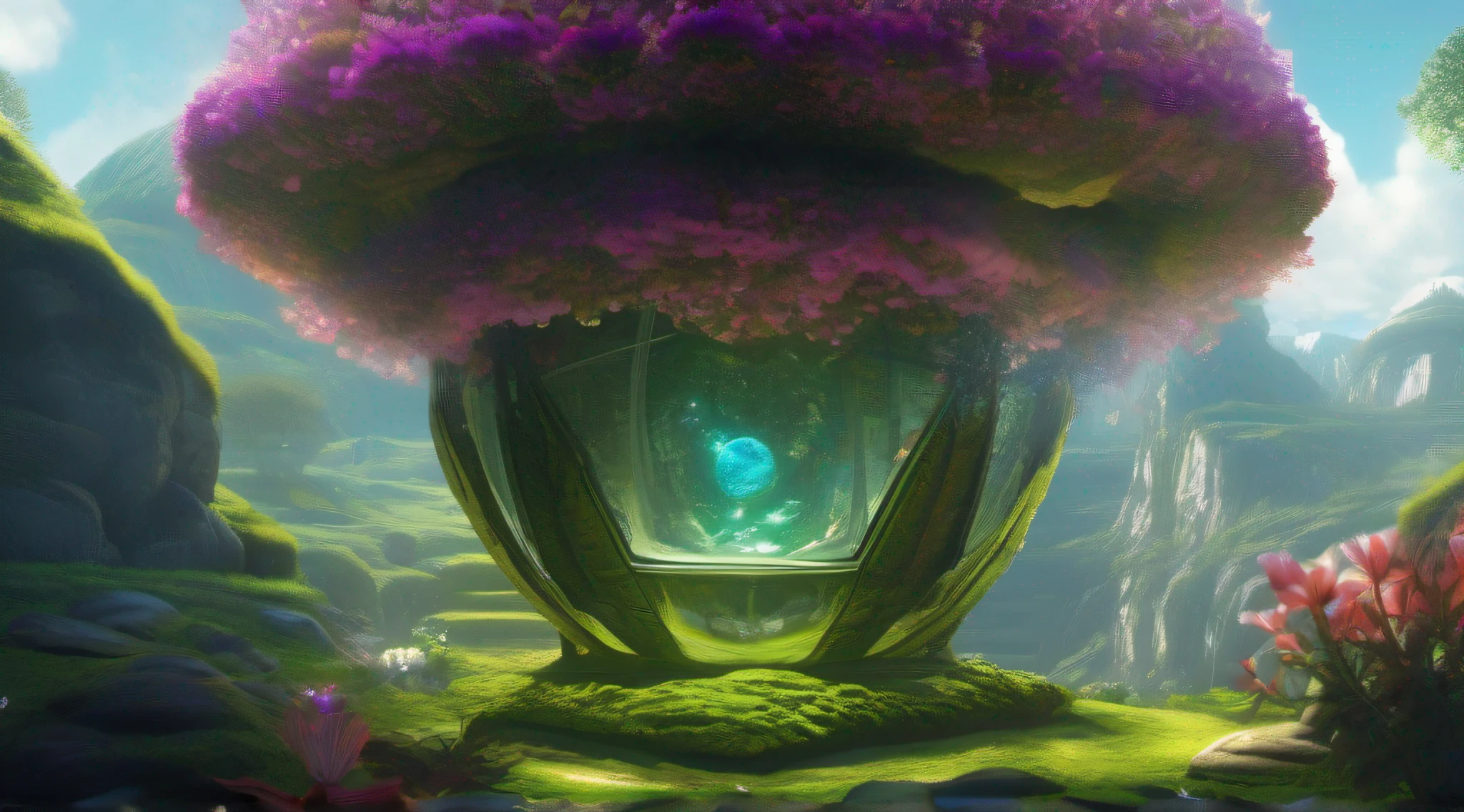 Glass sphere containing inside an alien biome of exotic flowers, The sphere is perched on moss lawn inside a cave with walls studded with gleaming minerals, detalhes intrincados, arte fantasia, arte de Clemilton Barbosa, arte premiada, 8k