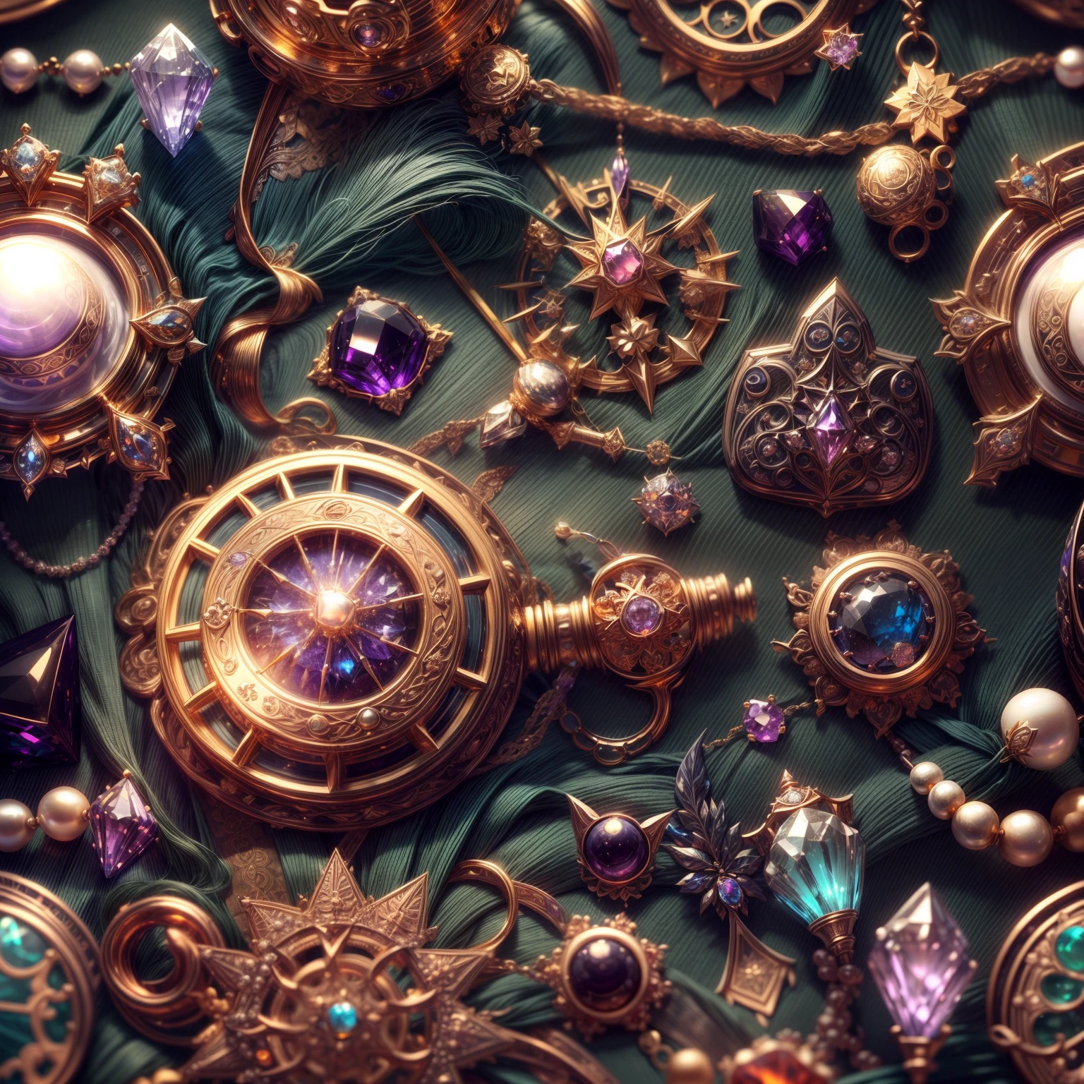 (steampunk wind:1.2),(Full Focus:2),(Everything is laid out in a display case:1.3),(Printed silk products|medal|ore|obsidian|pearls|hisui|white jade|amethyst|sapphires|Gold products|Silver products|Purple gold|Magical jewelry|antiquarian|Red Jewel|Diamond|topaz|:2),Magic symbols,Magic light particle effect,High-tech luxury, High-value jewelry,,High-value metals,luxury goods,Puzzles are prohibited, Detailed and complex background, glittery, reflective light, hyper HD, Award-Awarded, A high resolution, High detail, Chiaroscuro, Cinematic lighting, Masterpiece, Ray traching,structurally correct, Super detail, High quality, High details, Best quality, 16k
