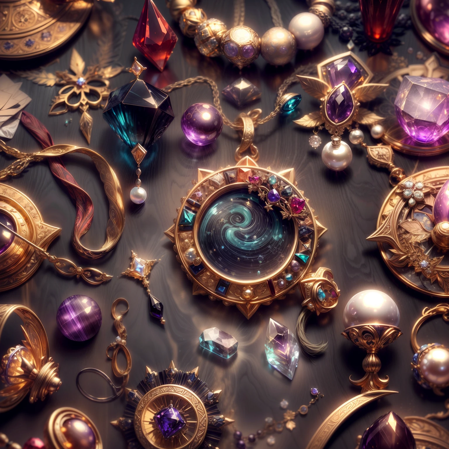 (steampunk wind:1.2)，(Full Focus:2),(Everything is laid out in a display case:1.3)，(Printed silk products|medal|ore|obsidian|pearls|hisui|white jade|amethyst|sapphires|Gold products|Silver products|Purple gold|Magical jewelry|antiquarian|Red Jewel|Diamond|topaz|:2)，Magic symbols，Magic light particle effect，High-tech luxury， High-value jewelry,，High-value metals，luxury goods，Puzzles are prohibited, Detailed and complex background, glittery, reflective light, hyper HD, Award-Awarded, A high resolution, High detail, Chiaroscuro, Cinematic lighting, Masterpiece, Ray traching，structurally correct, Super detail, High quality, High details, Best quality, 16k