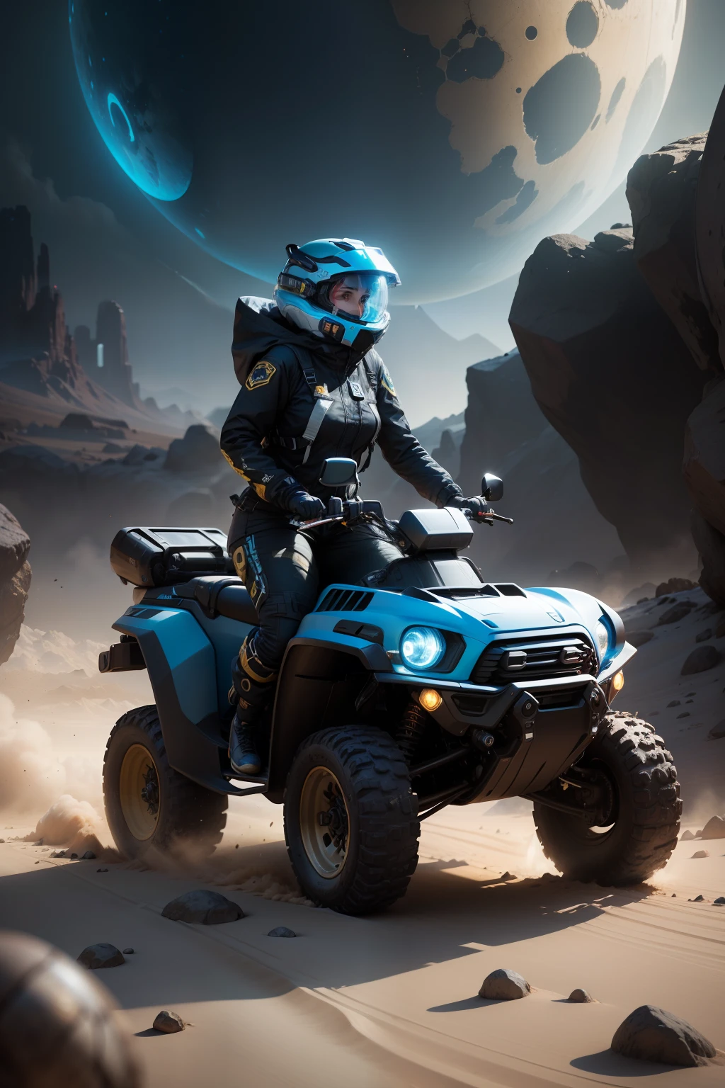 a vibrant cinematic full body photo of a female adventure in an alien world, driving a mini tank ATV. future transport, octane render, high quality ultra future blue an gold space combat visor up, alien planet background