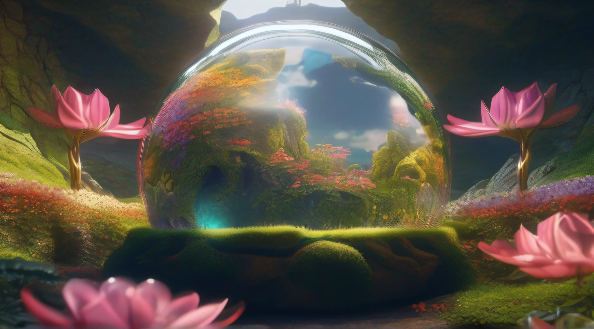 Glass sphere containing inside an alien biome of exotic flowers, The sphere is perched on moss lawn inside a cave with walls studded with gleaming minerals, detalhes intrincados, arte fantasia, arte de Clemilton Barbosa, arte premiada, 8k