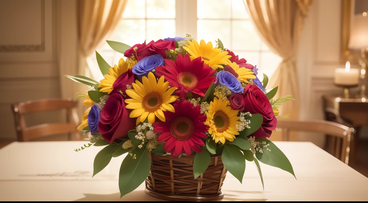 A breathtaking image featuring a "stunning birthday bouquet," celebration, joy, beauty, festive mood, an exquisite arrangement of vibrant and diverse flowers, elegantly tied with a ribbon, lighting enhancing the colors and textures, creating a radiant atmosphere, evoking a heartwarming feeling of happiness, Real photo, 8k.