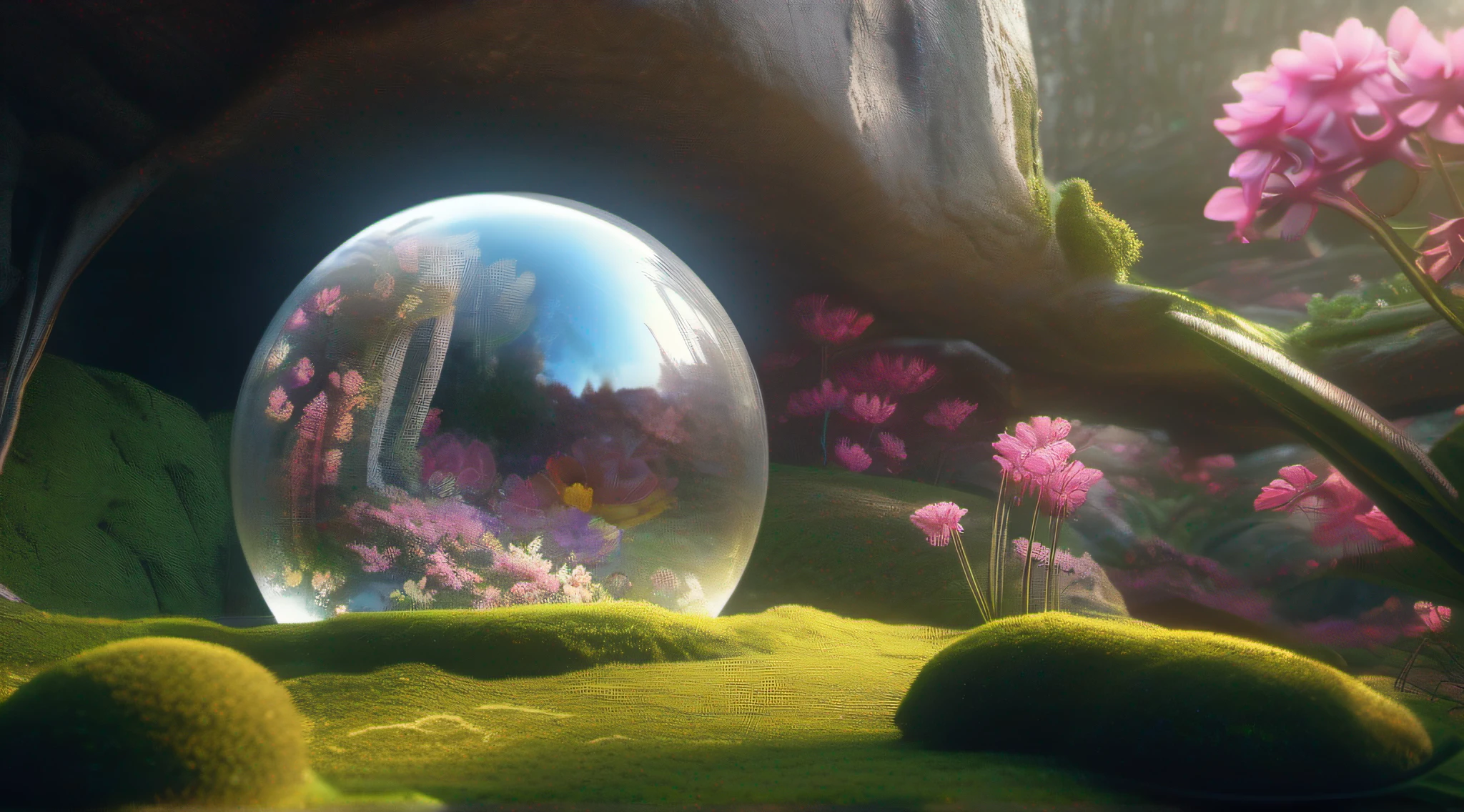 Glass sphere containing inside an alien biome of exotic flowers, The sphere is perched on moss lawn inside a cave with walls studded with gleaming minerals, detalhes intrincados, arte fantasia, arte de Clemilton Barbosa, arte premiada, 8k