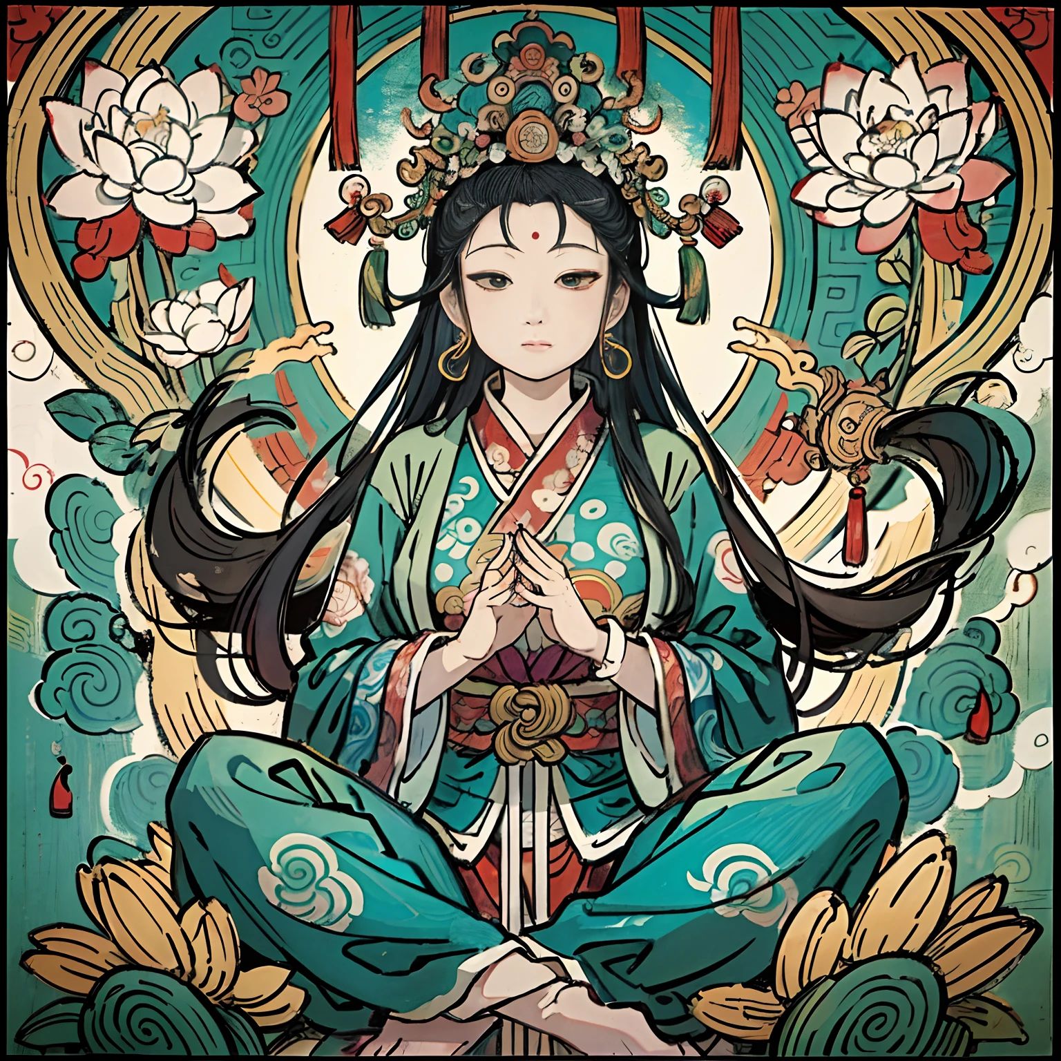 an ancient Chinese goddess, guanyin of the southern seas, Guanyin, Inspired by India, Avalokiteshvara，,Serene expression,shui mo hua,Buddha,Buddhist,Lotus,Chinese painting style,Thangka style