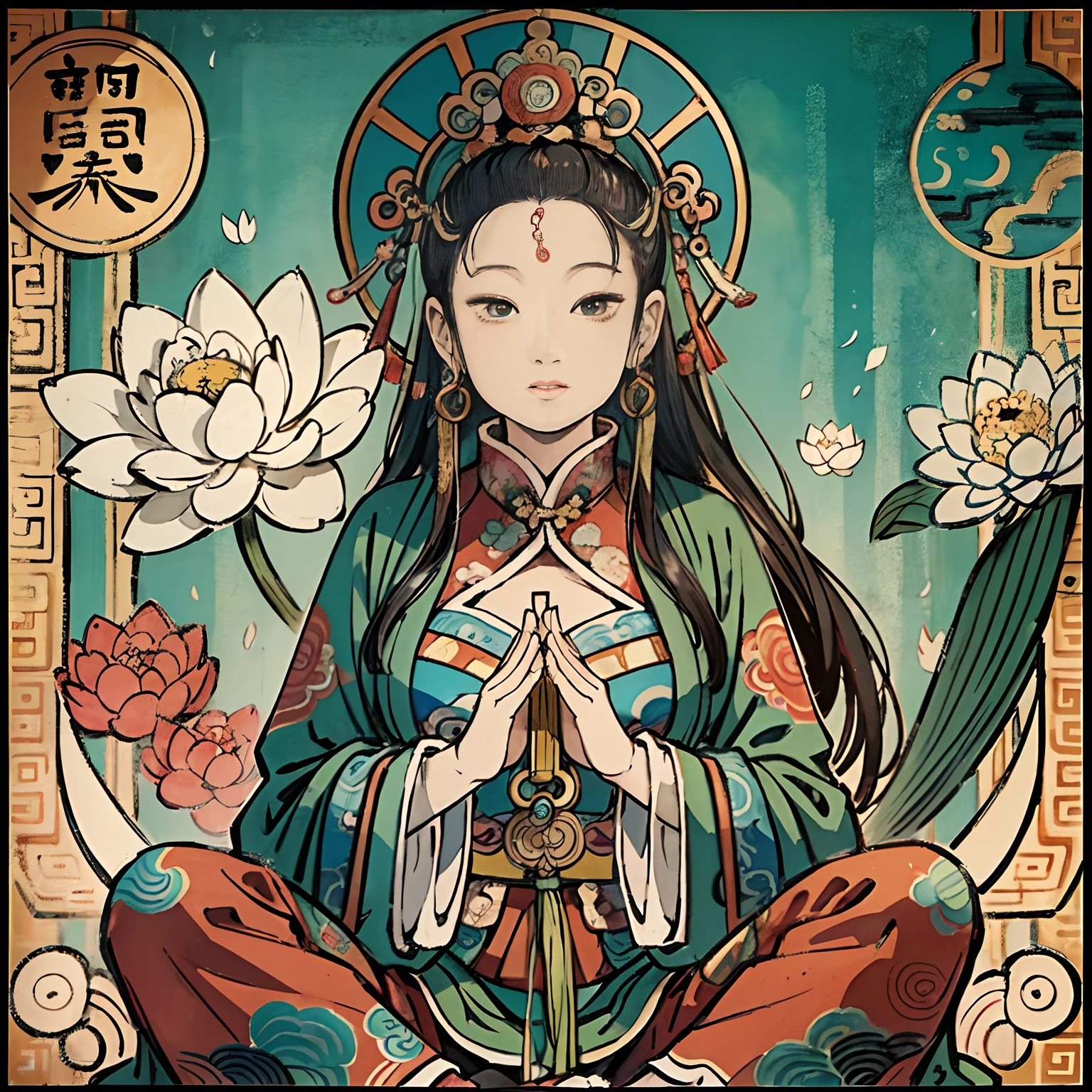 an ancient Chinese goddess, guanyin of the southern seas, Guanyin, Inspired by India, Avalokiteshvara，,Serene expression,shui mo hua,Buddha,Buddhist,Lotus,Chinese painting style,Thangka style