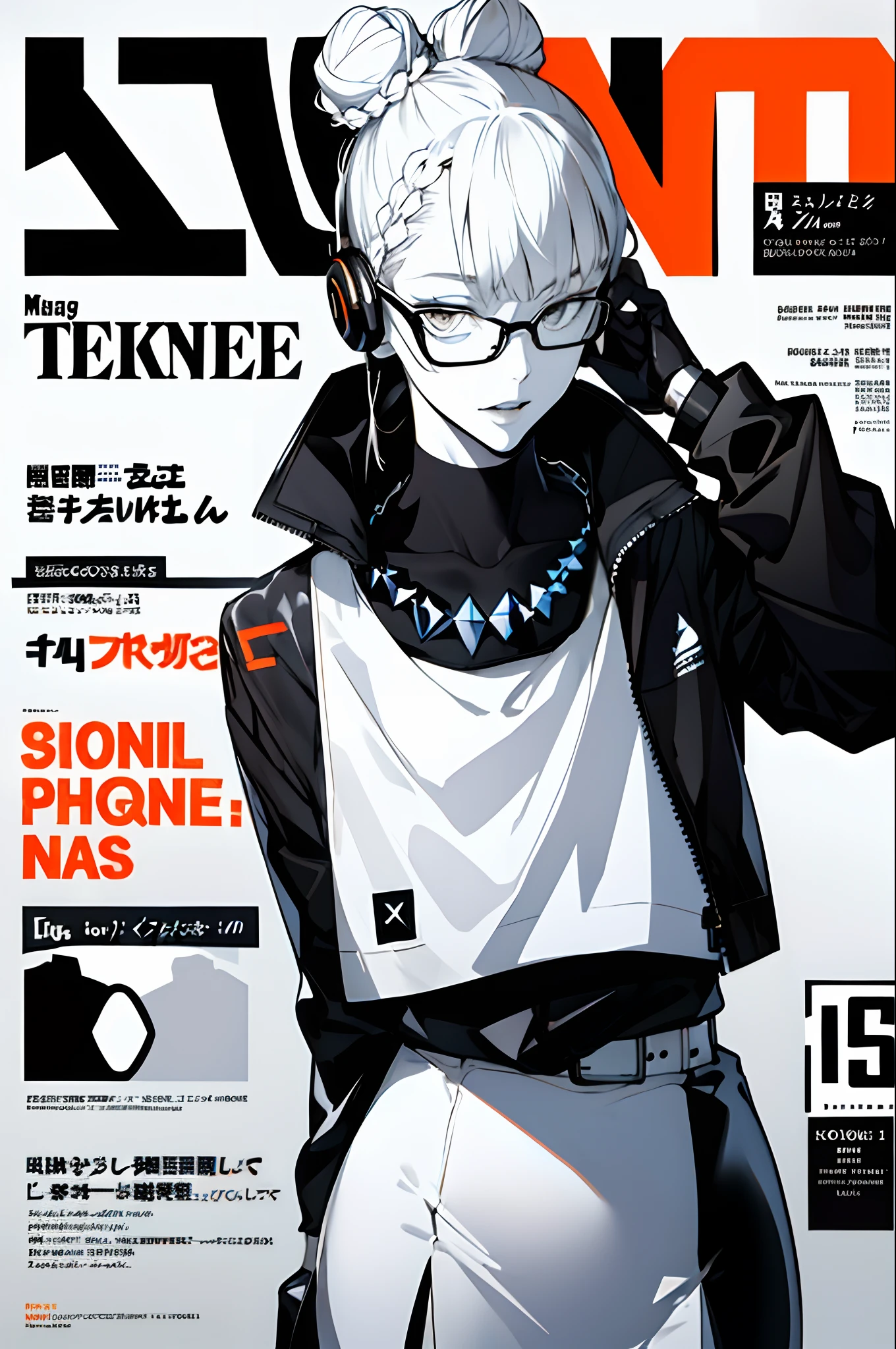 (magazine cover:1.3),ulzzang-6500, (realistic: 1.3) (original: 1.2), masterpiece, best quality, beautiful clean face, fullbody, 1woman, (wearing black and white and cobalt scifi techmask and headphones with complex electronics), wearing black techwear jacket and orange trousers with buckle and tape, (crystal necklace), posing for a picture, (white braided bun hair), glasses