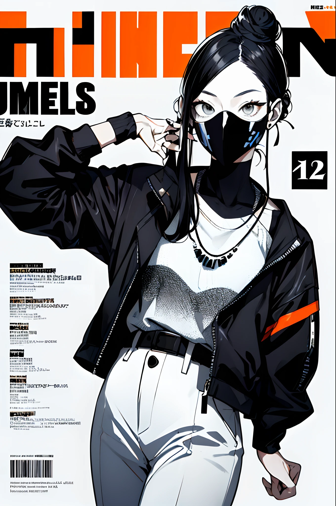 (magazine cover:1.3),ulzzang-6500, (realistic: 1.3) (original: 1.2), masterpiece, best quality, beautiful clean face, fullbody, 1woman, (wearing black and white and cobalt scifi techmask and headphones with complex electronics), wearing black techwear jacket and orange trousers with buckle and tape, (crystal necklace), posing for a picture, (white braided bun hair), glasses