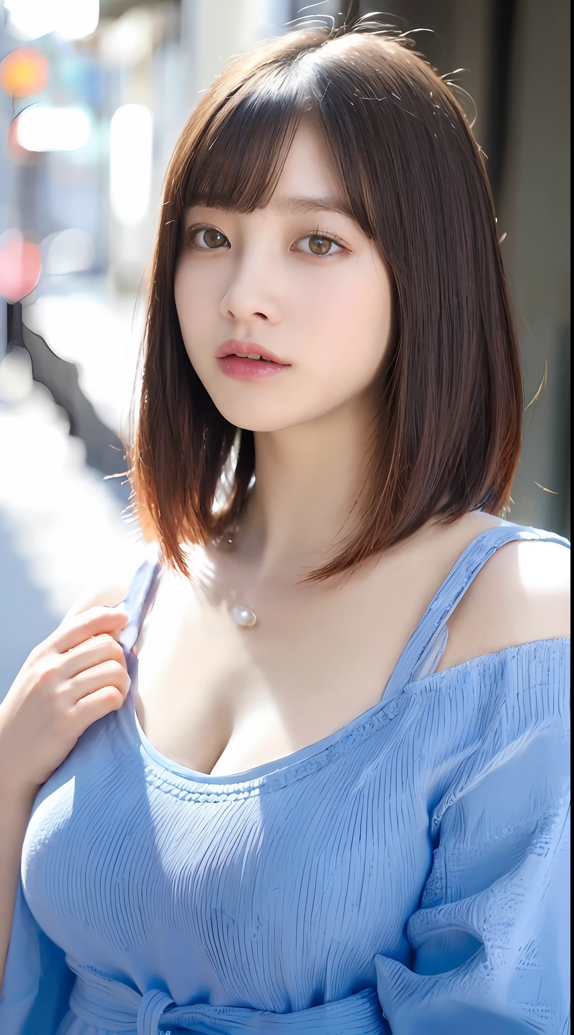 ((top-quality、8K、masterpiece:1.3))、Detail Women:1.3、(Medium hair、Colossal tits:1.4)、Clothing that emphasizes the chest、Clothes with Cleavage View、Off-the-shoulder clothing、ultra -detail、the detail、eyelid、Downtown Japan