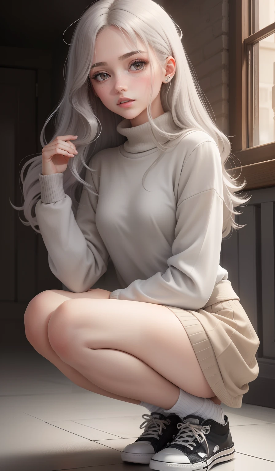 a woman in a casual clothing, white long sleeve woolly sweater and circle skirt ,converse shoes, , adult face, shoulder length slightly wavy hair, ((mix of deep taupe and taupe grey coloured hair)) and gleaming detailed vibrant grey eyes, slim frame, small breasts, long legs, beautiful face, small butt size, small feet size, small hand size, perfect hands, scary face, beautiful face, pretty face, hot woman, British woman, cream skin, small soft pink lips , small breast size, sharp features, slim hourglass figure, ashen hair, soft features