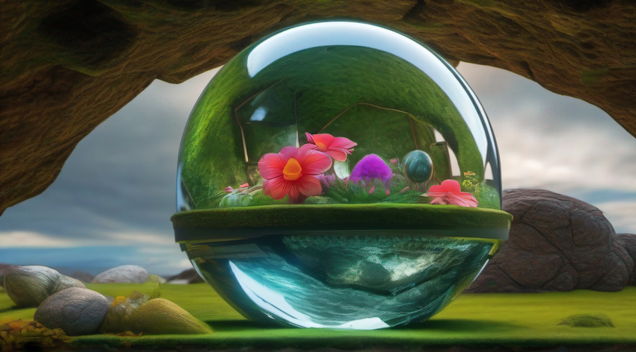 Glass sphere containing inside an alien biome of exotic flowers, The sphere is perched on moss lawn inside a cave with walls studded with gleaming minerals, detalhes intrincados, arte fantasia, arte de Clemilton Barbosa, arte premiada, 8k