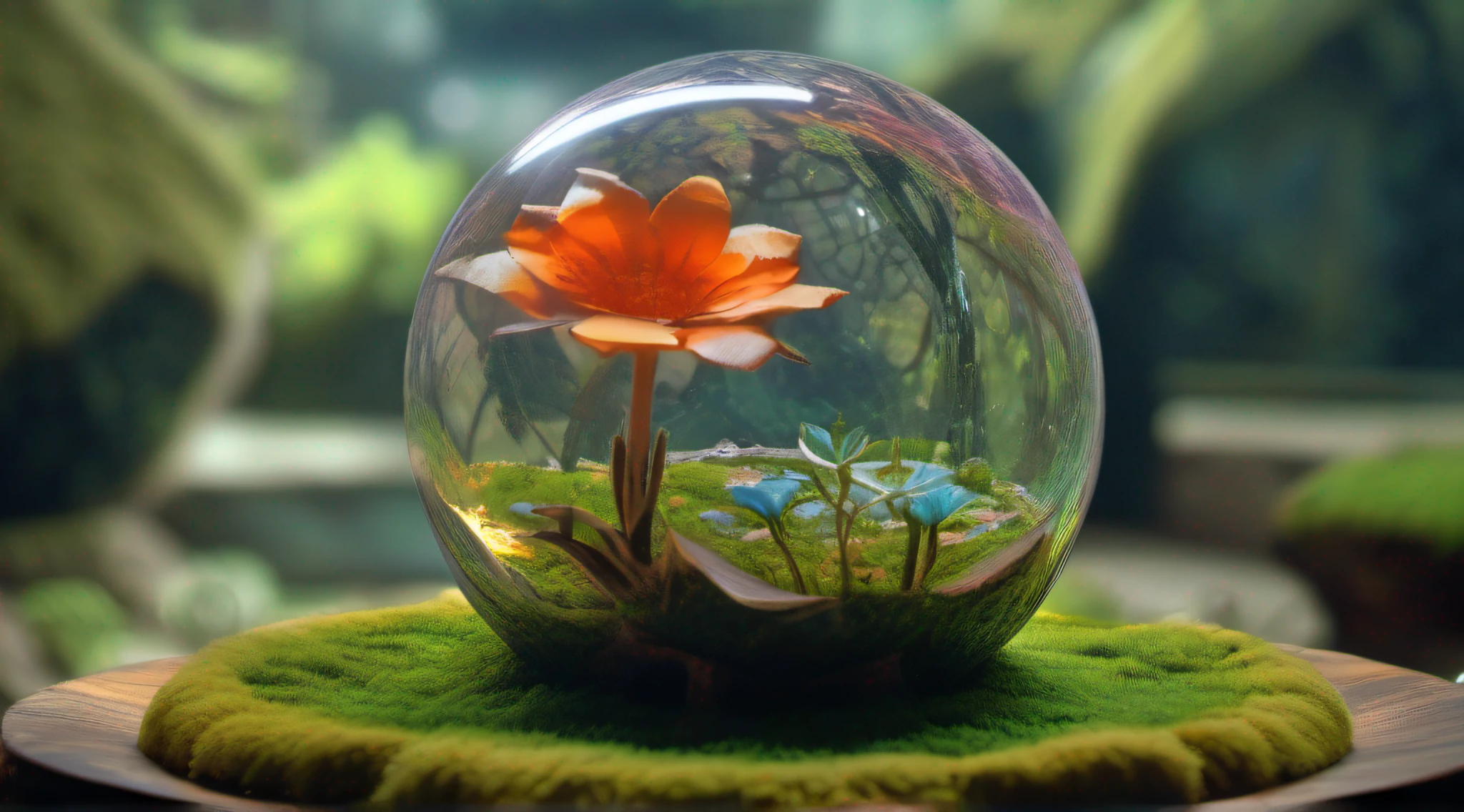 Glass sphere containing inside an alien biome of exotic flowers, The sphere is perched on moss lawn inside a cave with walls studded with gleaming minerals, detalhes intrincados, arte fantasia, arte de Clemilton Barbosa, arte premiada, 8k