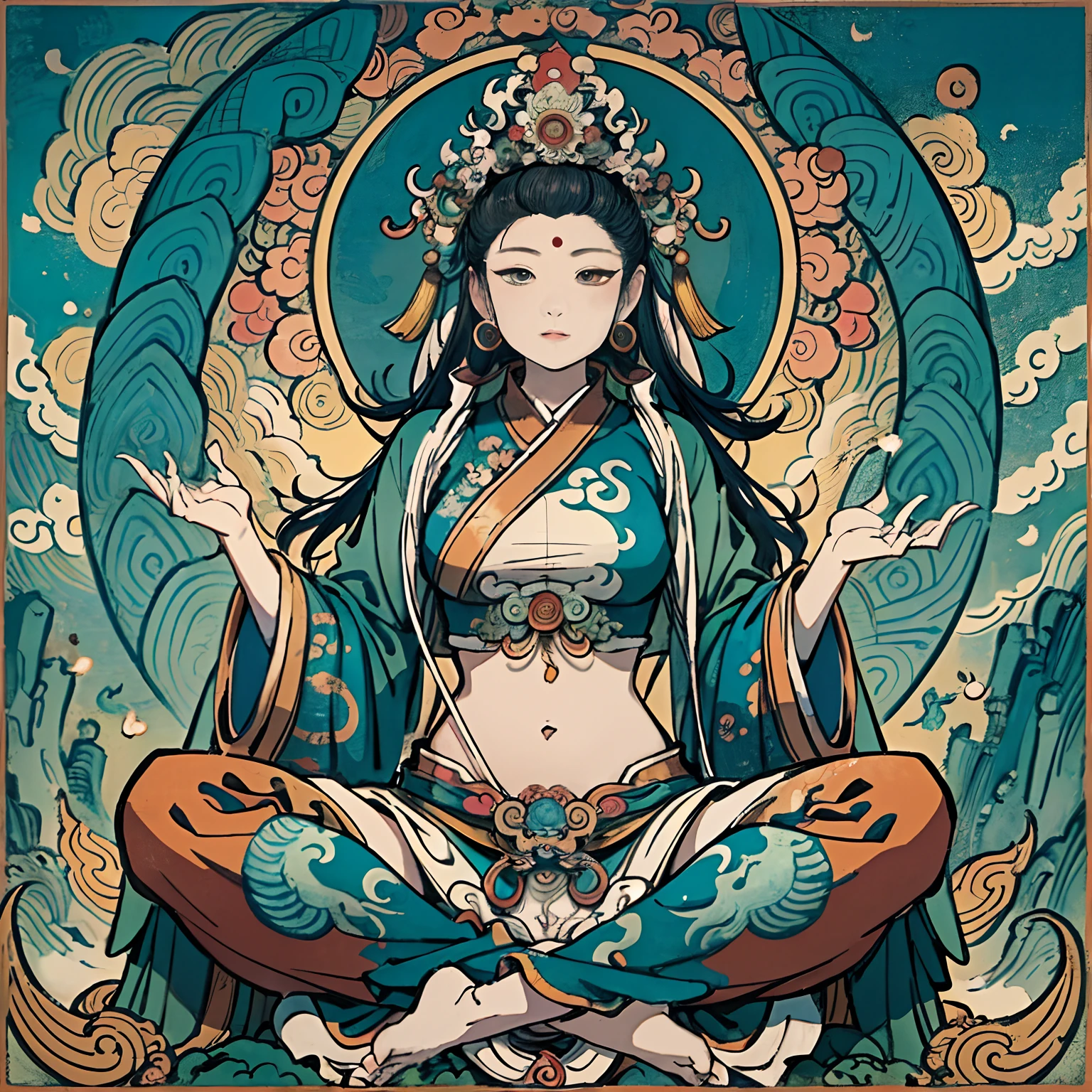 an ancient Chinese goddess, guanyin of the southern seas, Guanyin, Inspired by India, Avalokiteshvara rides a dragon,,Serene expression,shui mo hua,Buddha,Buddhist,Lotus,Chinese painting style,Thangka style